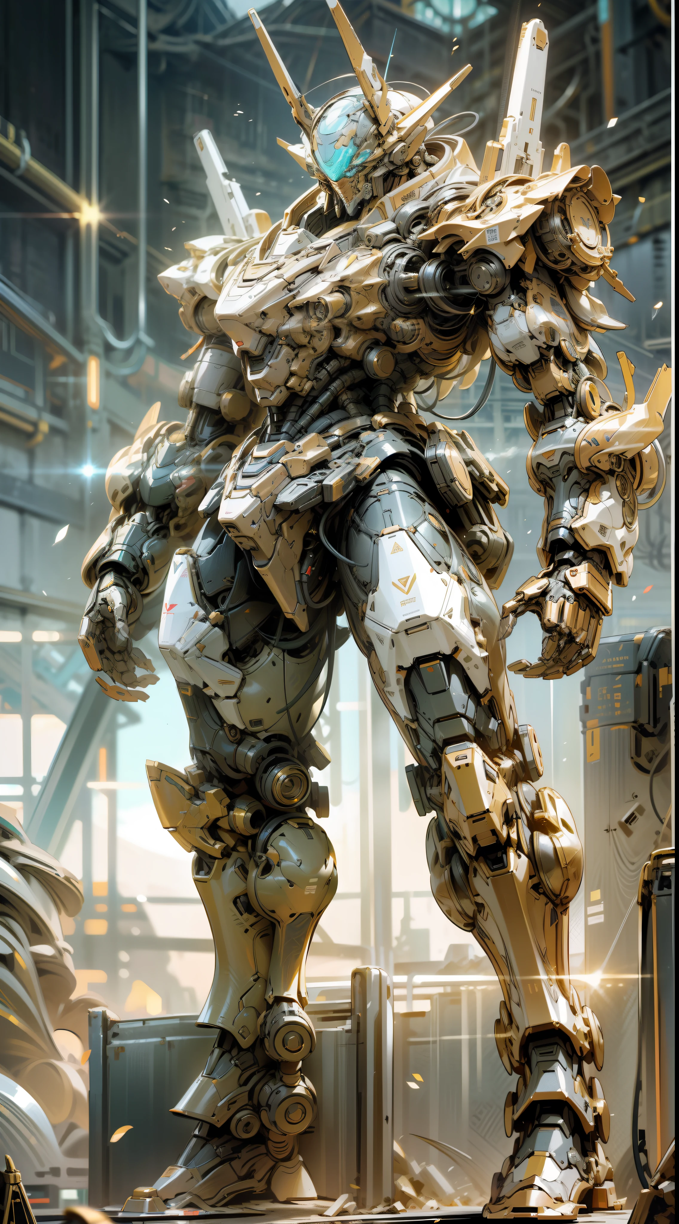 Tall mech, armor, robot, (golden can), cyberpunk style, mecha covered with dragon pattern, huge body, (complex structure), super detailed detail, ruins background, full body shot, 8K, super clear, super HD, super realistic, super real