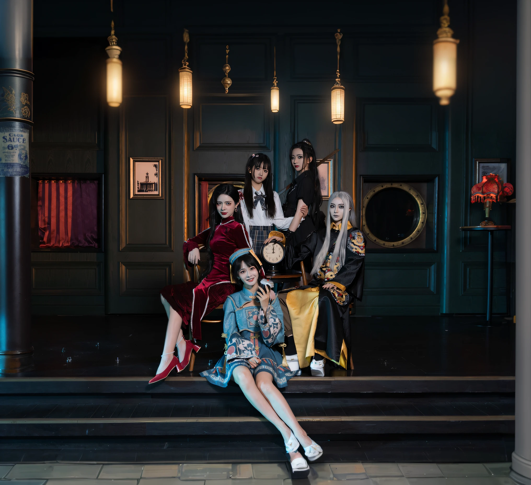 there are a group of women sitting on a step in front of a building, portrait shot, taken with canon 5d mk4, promotional shot, cosplay photo, promotional photo, fantasy photoshoot, taken with canon eos 5 d mark iv, photo taken with nikon d 7 5 0, photo taken with nikon d750, taken with sony alpha 9, official fanart