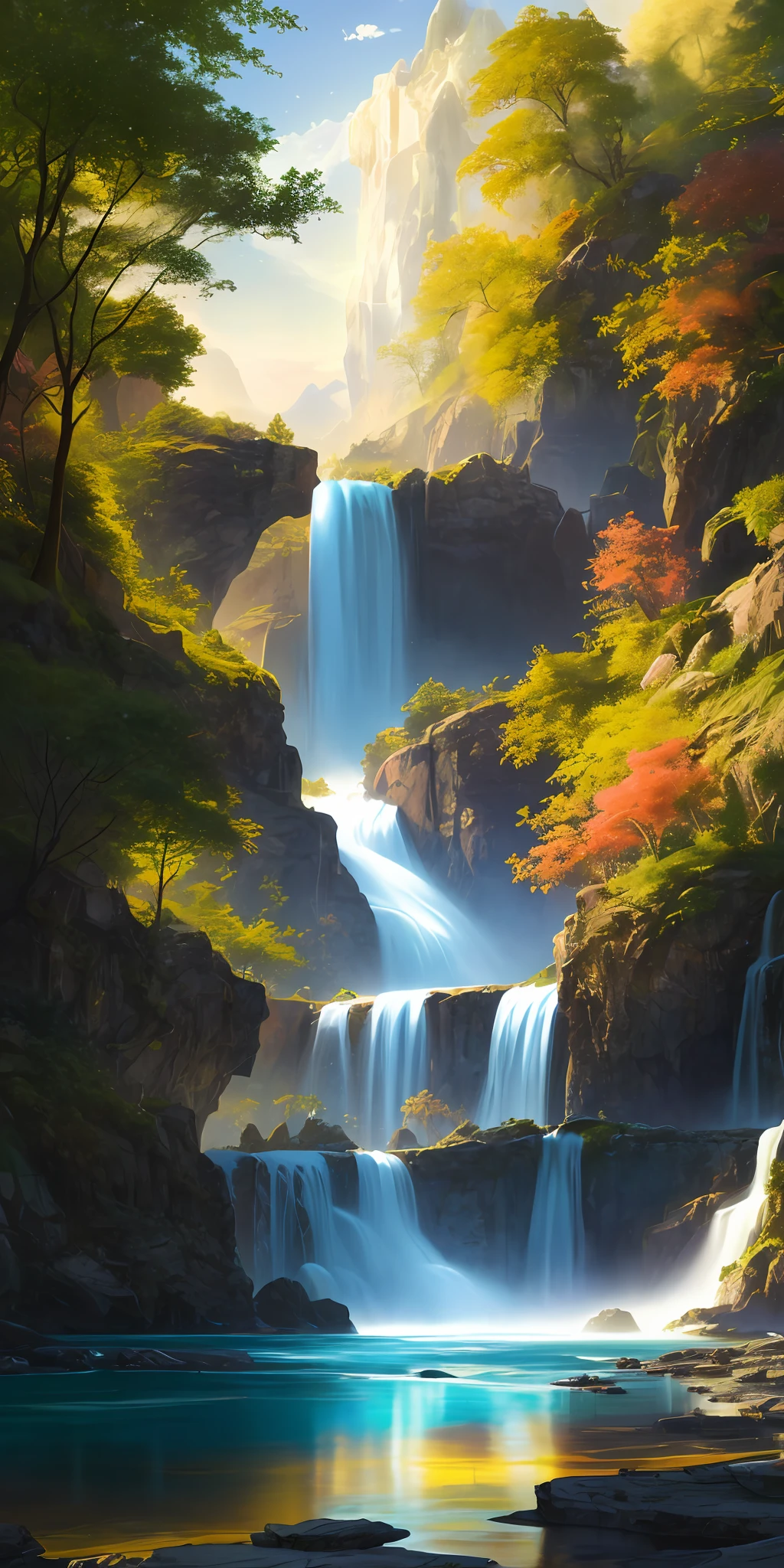 analog style,ChromaV5,nvinkpunk,(extremely detailed CG unity 8k wallpaper),A Illustration of a bright and majestic waterfall cascading down a rocky cliff, illuminated by the shining sun, The water sparkles as it falls, casting a rainbow of colors, the surrounding landscape is lush and verdant, with tall trees and wildflowers,award winning photography, Chromatic Aberration; Geometric Shapes; Bokeh, Depth of Field, Photorealistic, Detailed, Bloom, HDR , oil painting by John Singer Sargent, Frederic Church, and Thomas Moran,trending on ArtStation, trending on CGSociety, art by midjourney