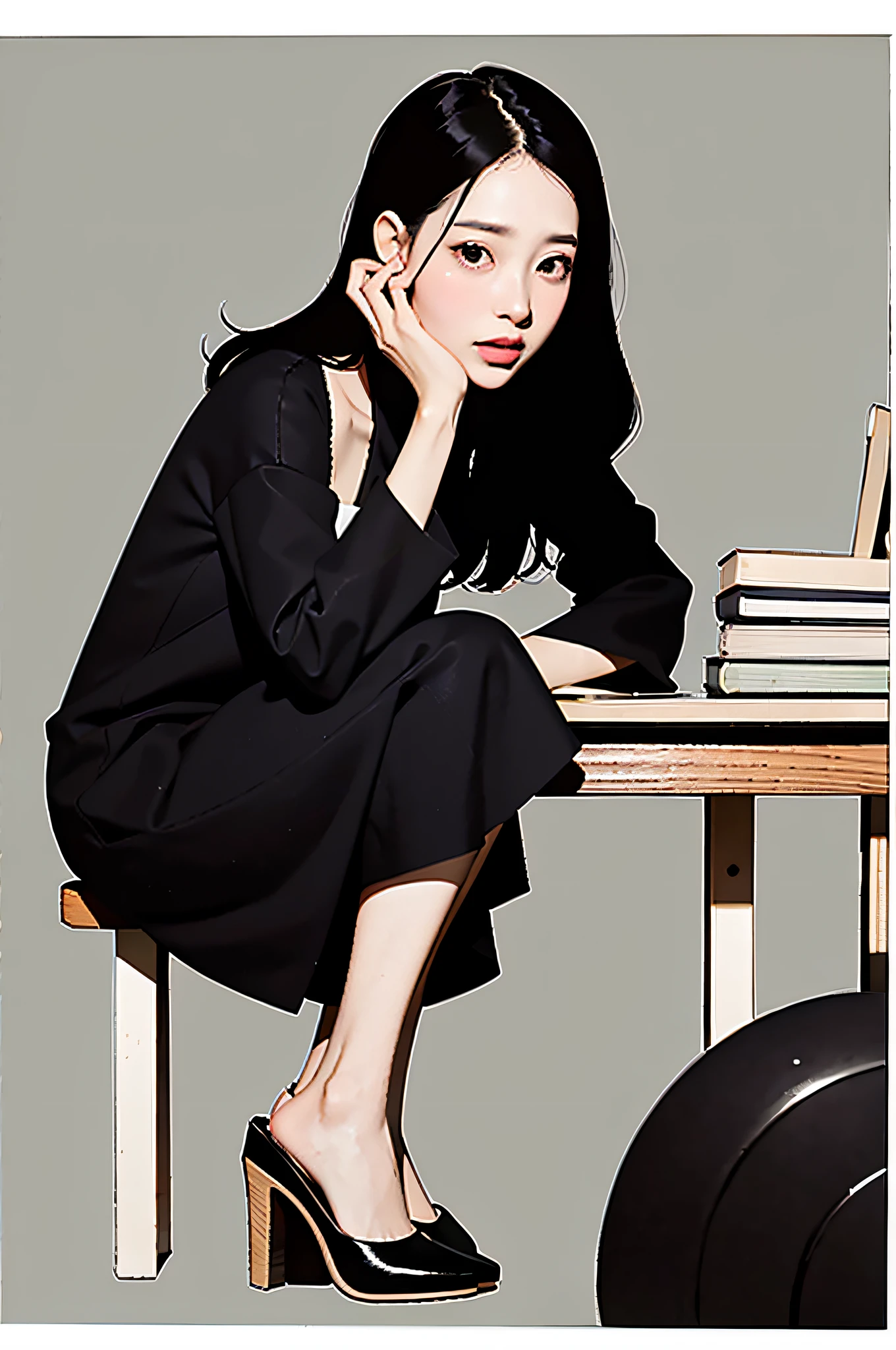 There is a woman sitting at a table holding a laptop, realistic desk shape