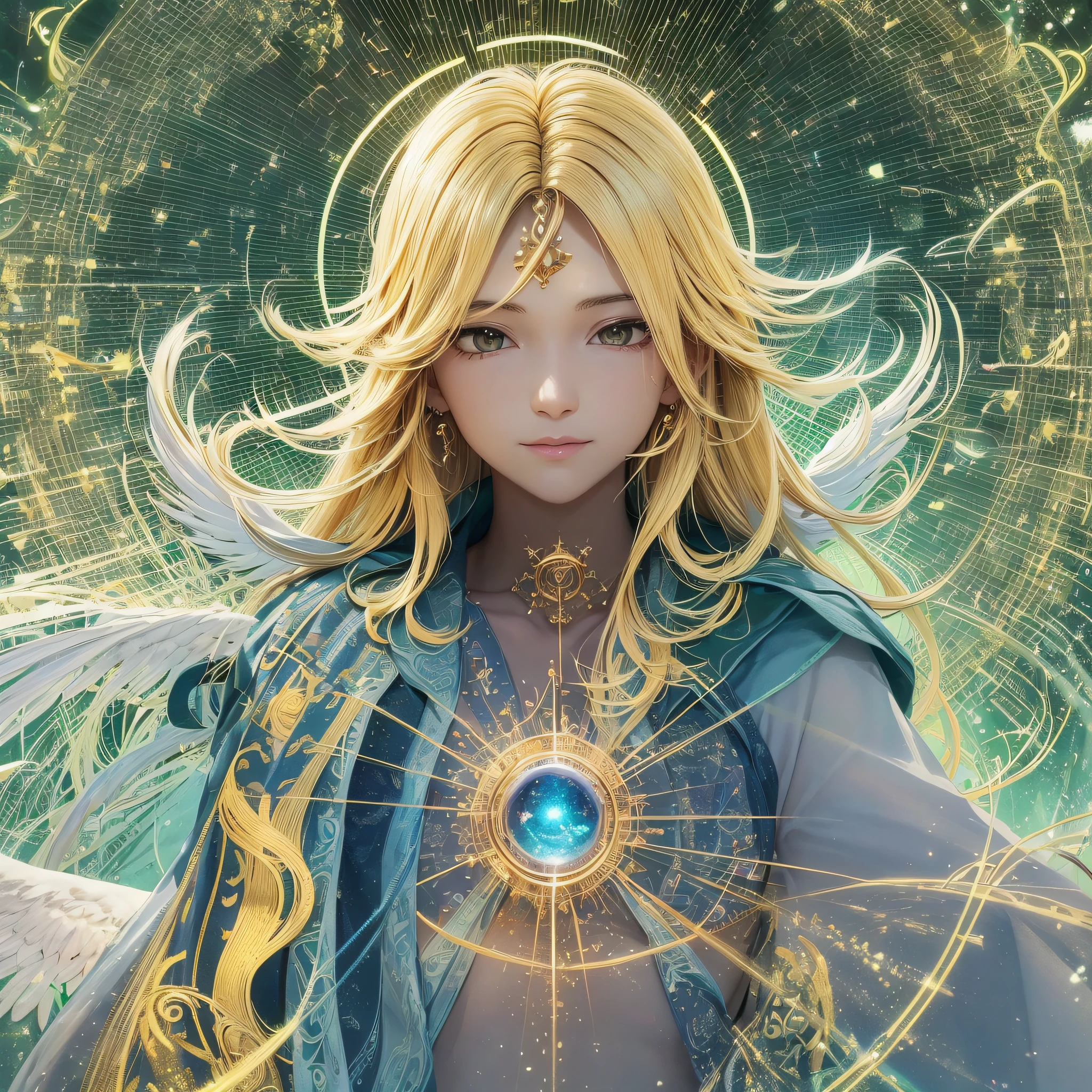 Create a more angelic young male character within radiated connection, radiating power, radiating rebirth energy, emanating and flowing energy, soul frequency, channeling third eye energy, spiritual enlightenment, radiating a bright aura, channeling mystical energy, bright golden aura, shining within, radiating golden light, opening a bright portal