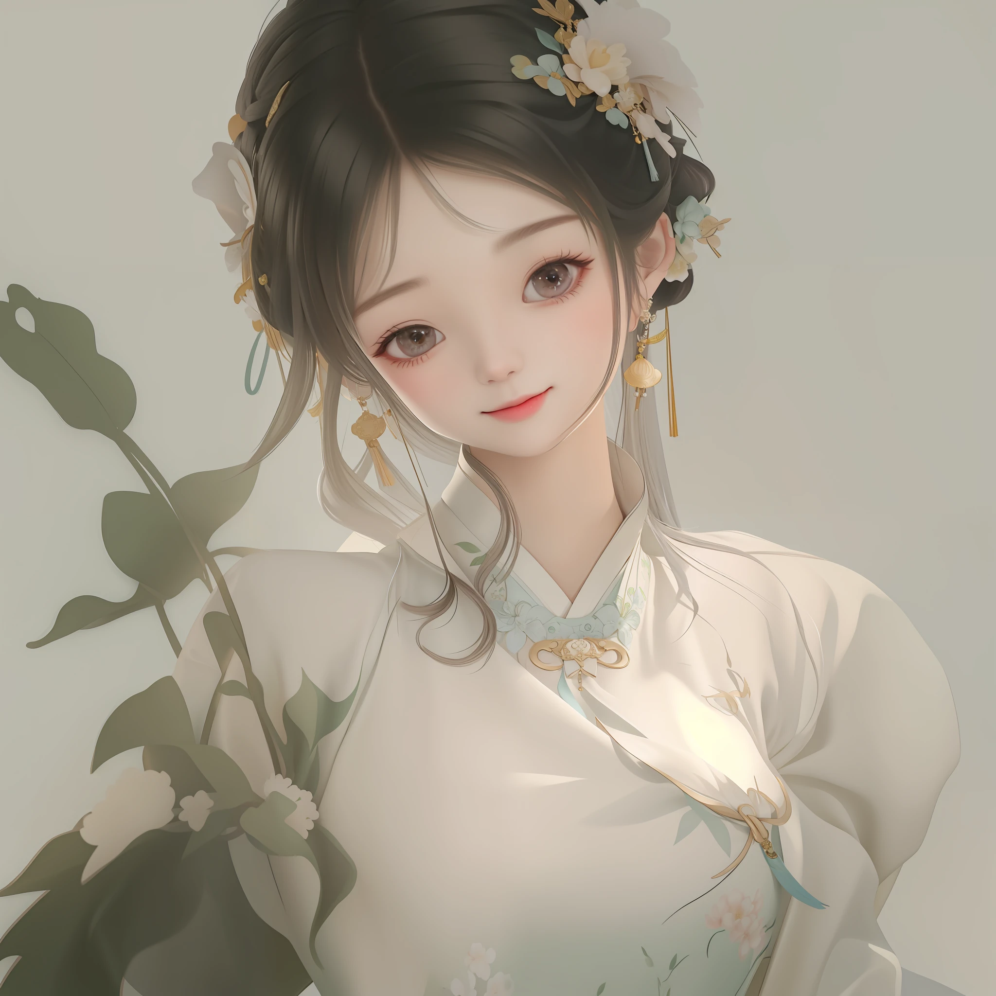 There is an office girl in a white dress, she is a beautiful landscape in the office, she is so moving, so full of charm. When she walked into the office, her smile was like sunlight piercing through the clouds, warming everyone's heart. Her black and bright hair, hanging down on her shoulders like a waterfall, adds a bit of mystery and charm to her, Guvizi, court-style clothing, girls in Hanfu, Yang J, Li Fangying, beautiful character paintings, Li Song, Fan Qi, Zhou Fang, Zhongyuanjie, Leng Mei