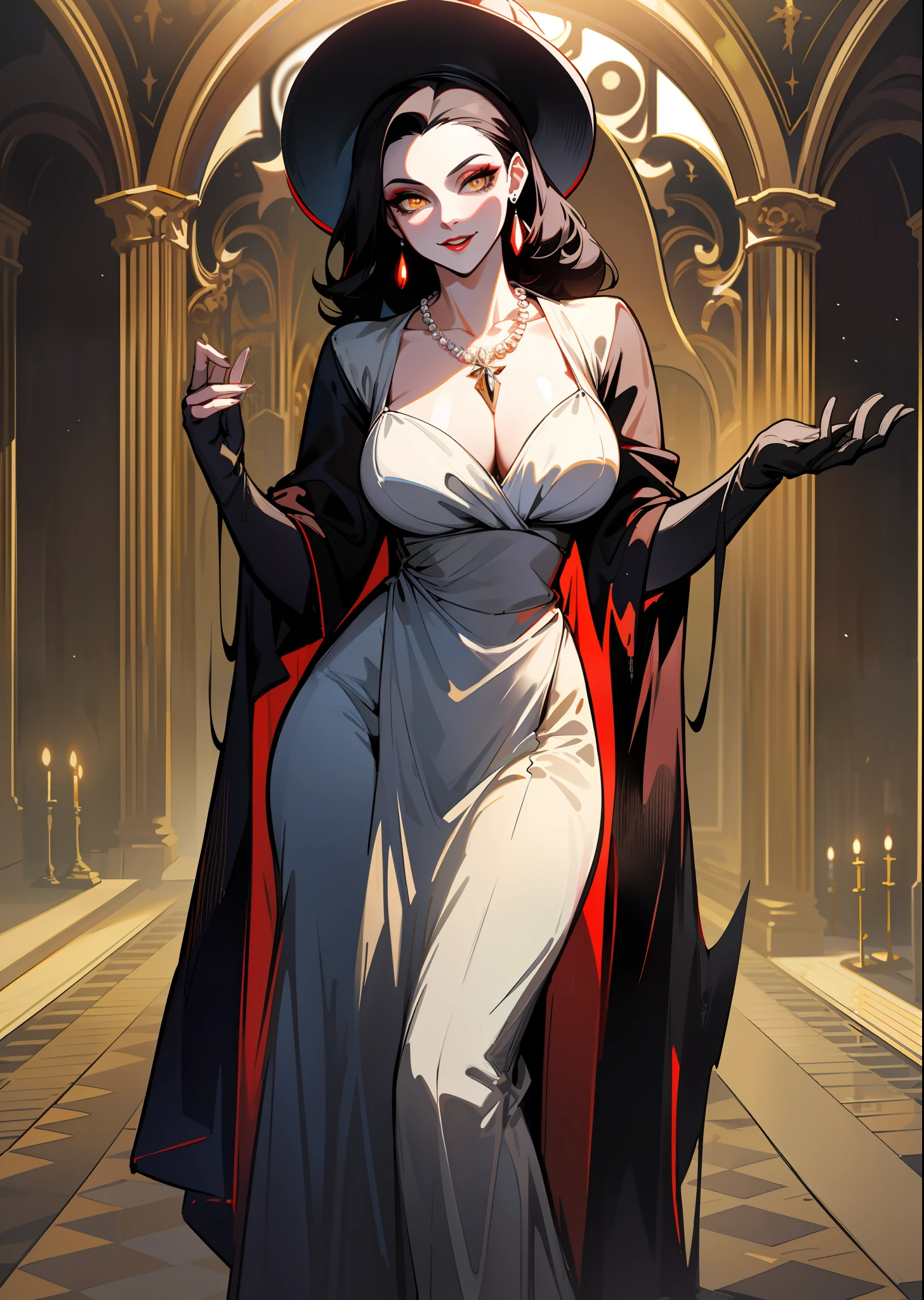 best quality, masterpiece, (1mom, big-vampire-mommy, Alcina-Dimitrescu:1.05), 1girl, solo, breasts, large breasts, black_hair, gloves, hat, sun_hat, dress, white dress, long dress, cleavage, jewelry, earrings, tall female, mature female, pale_skin, yellow eyes, makeup, pearl necklace, black rose, black flower, full body, castle, indoors, looking at viewer,
