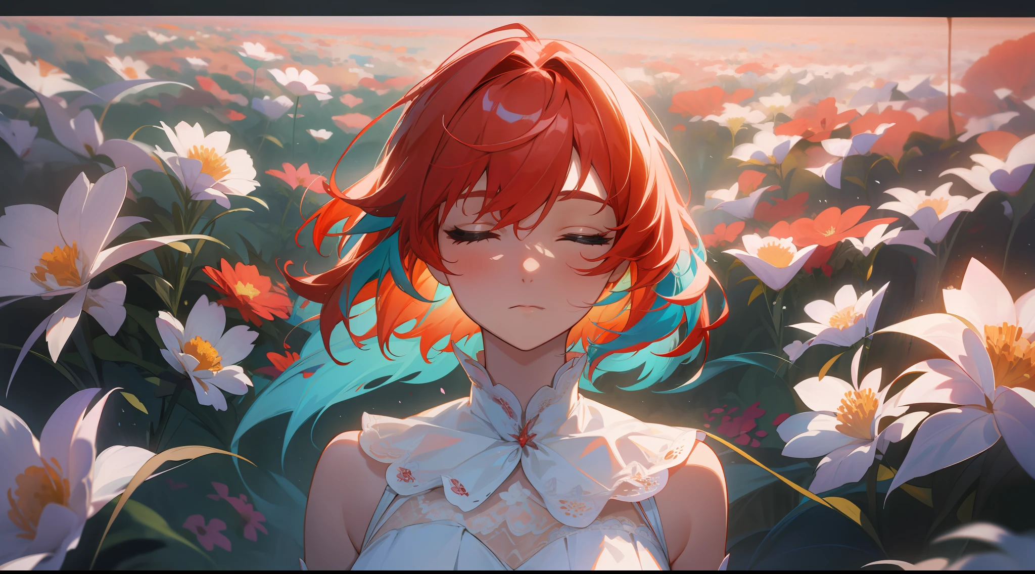 cowboy shot, upper body, far view, panorama, wide angle lens, depth of field, perspective, movie angle, arms behind back, masterpiece, best quality, super detailed, CG, 8K wallpaper, pretty face, delicate eyes, a girl, solo, colorful, translucent hair, perfect look, red hair, closed eyes, wind, short hair, sea of flowers, hair between eyes, dress, expressionless, white lace elbow gloves, seen from above