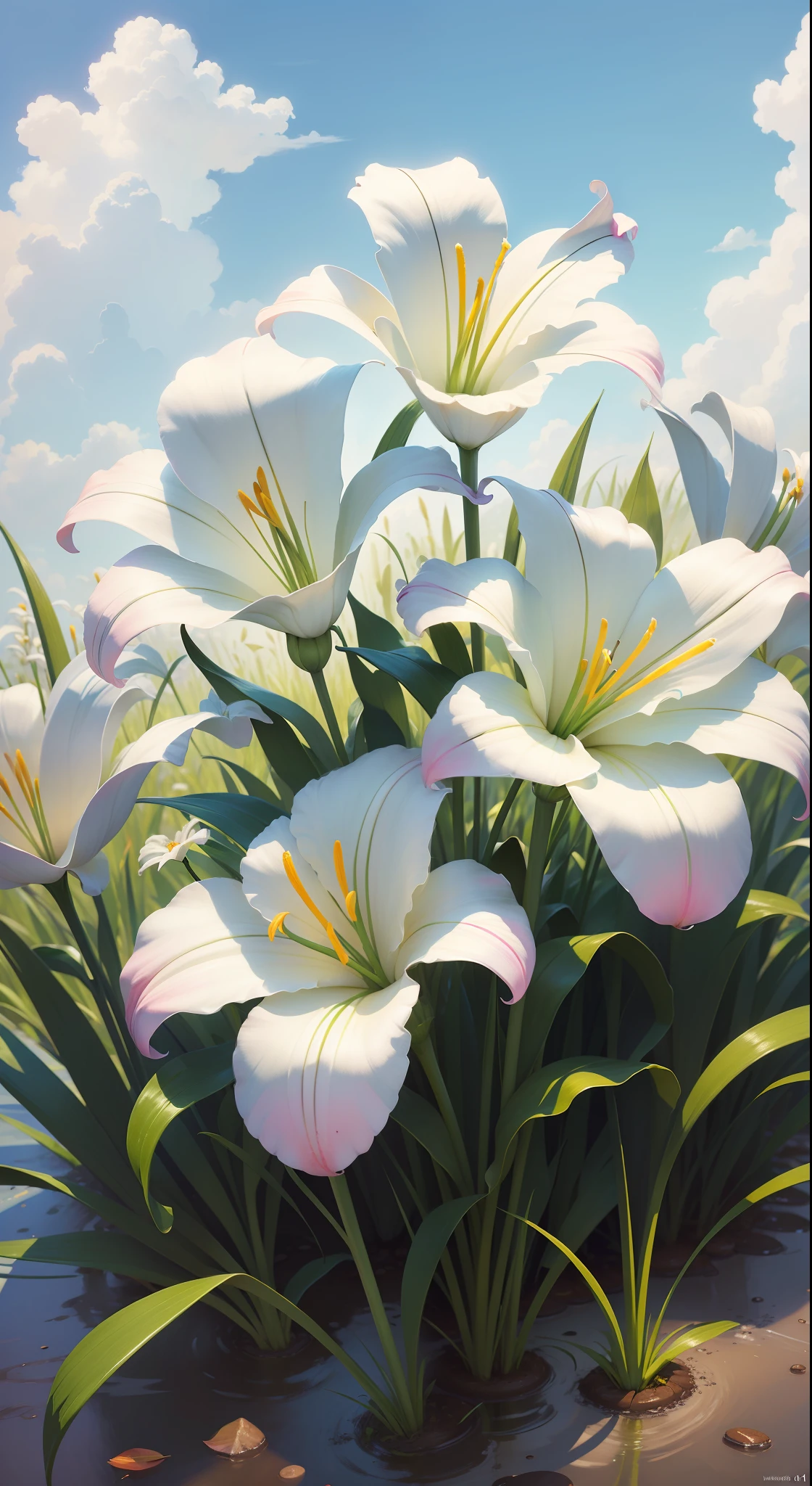 (High resolution: 1.1), Best quality, (Masterpiece: 1.2), Vivid colors, digital painting, white lilies, natural beauty, blue sky, close-up