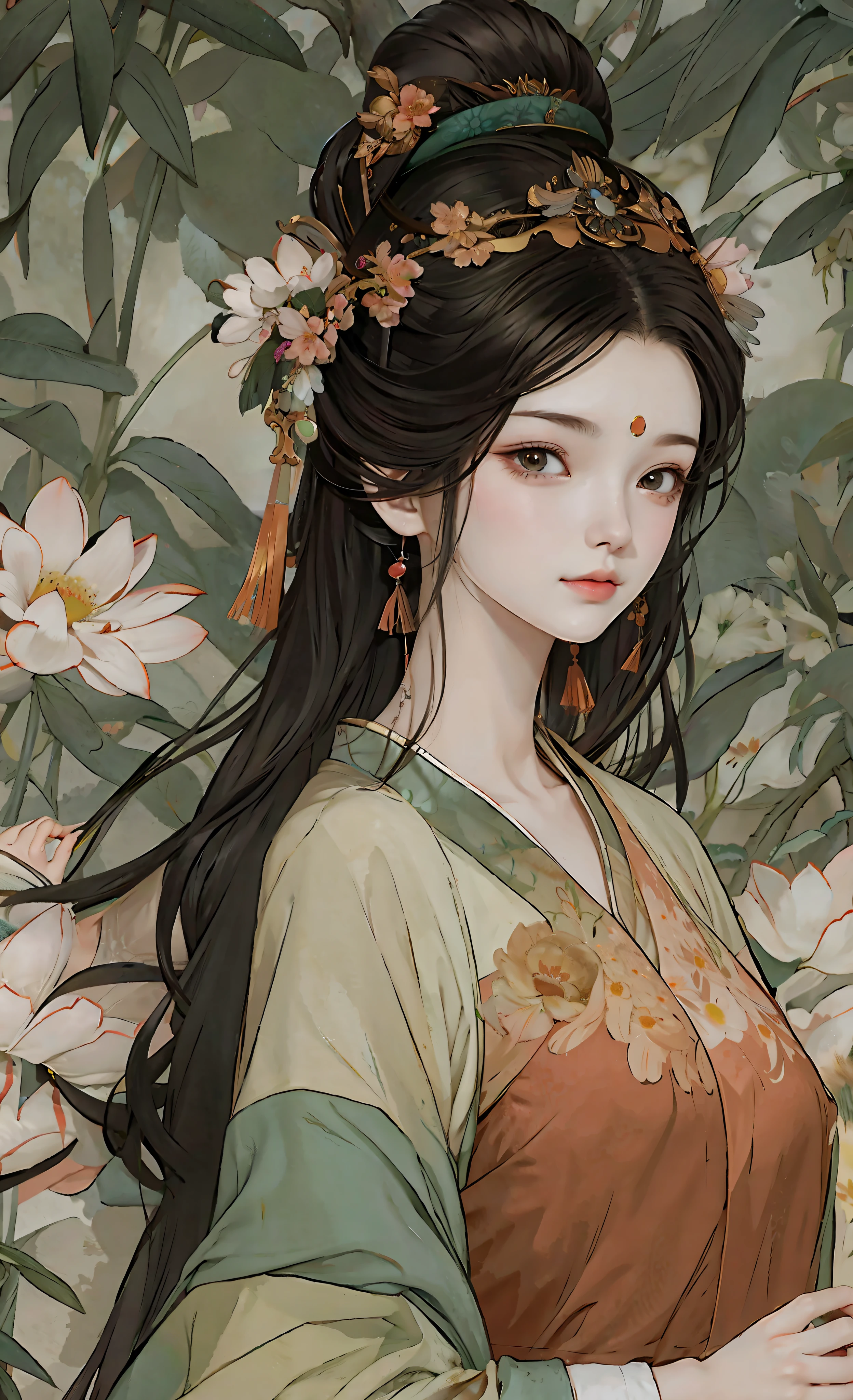 The girl contains spring, her skin is like snow, she is still like a child, her breasts are full, ancient Chinese green shirt, under the peach blossom tree, the composition is exquisite, the huge breasts, exposed, enough to become a masterpiece. This painting is undoubtedly super detailed, ultra-high-definition, high-quality gongbi art that can become an 8K wallpaper. Extremely detailed details that make the whole painting so real, so moving, Gouvitz style artwork, Guwiz, beautiful character paintings, Guwiz on ArtStation Pixiv, Guwiz on Pixiv Art Station, stunning anime face portraits, beautiful digital artwork, WLOP Rossdraws, detailed digital anime art, Guwiz masterpieces