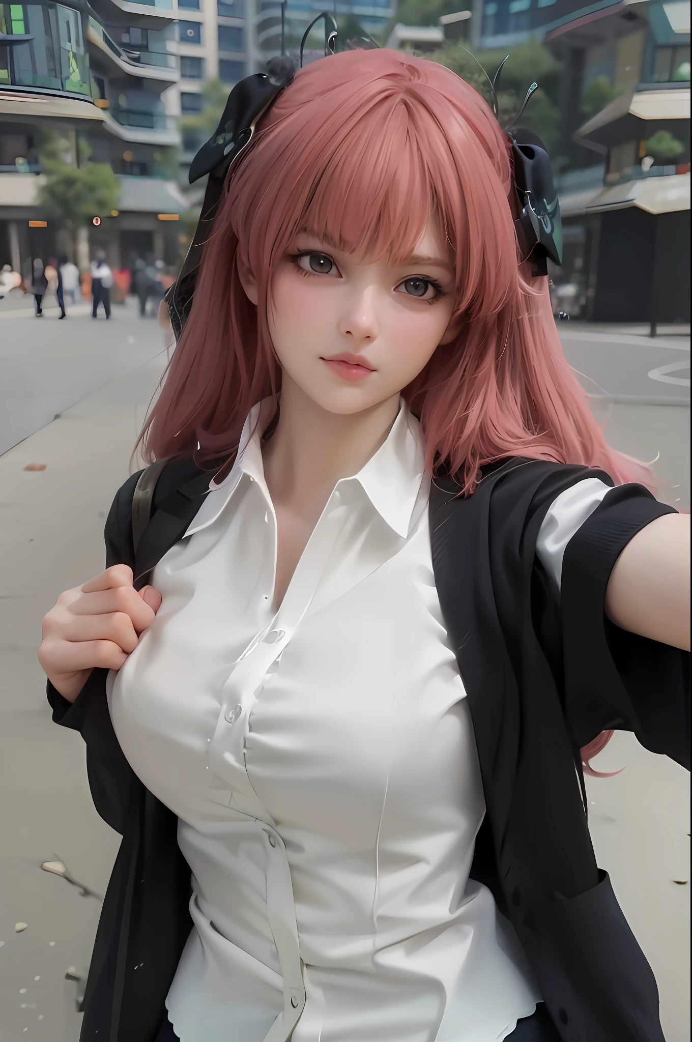 there is a woman with pink hair and a black jacket, anime girl in real life, hyperrealistic schoolgirl, hyper realistic anime, artwork in the style of guweiz, a hyperrealistic schoolgirl, photorealistic anime, realistic anime 3 d style, anime girl cosplay, realistic cosplay, 3 d anime realistic, realistic anime, realistic young anime girl, realistic schoolgirl