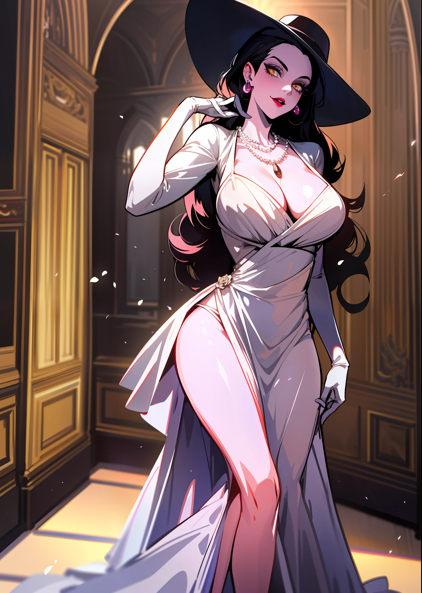 best quality, masterpiece, (1mom, big-vampire-mommy, Alcina-Dimitrescu:1.05), 1girl, solo, breasts, large breasts, black_hair, gloves, hat, sun_hat, dress, white dress, long dress, cleavage, jewelry, earrings, tall female, mature female, pale_skin, yellow eyes, makeup, pearl necklace, black rose, black flower, full body, castle, indoors, looking at viewer,