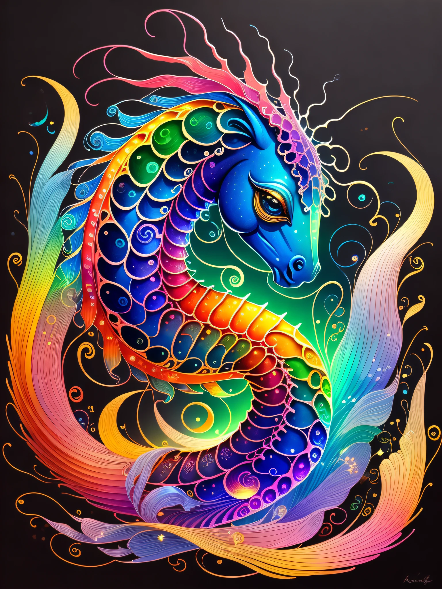 a painting of a colorful seahorse on a black background, breathtaking rendering, within a radiant connection, inspired by Kinuko Y. Craft,, magical elements, wow, is beautiful, casting a multi colorful spell, bright flash, flash