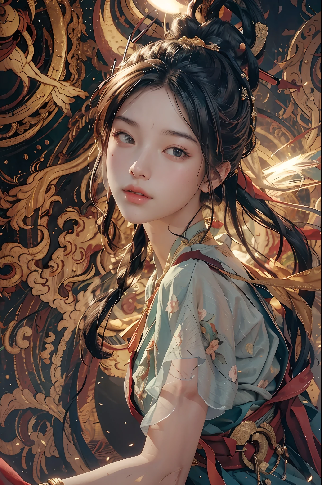 (RAW Photo, Best Quality), (Realistic, Photorealistic Real: 1.3), Side Face Composition, Best Quality, Highly Detailed, Masterpiece, Ultra Detailed, Illustration, 1girl, upper_body, Dynamic Angle, World Mastery Theater, messy_long_hair, Best Quality, Extremely Detailed CG Unified 8k Wallpaper, Ink, Amazing, Movie Lighting, lens_flare, dunhuang_style