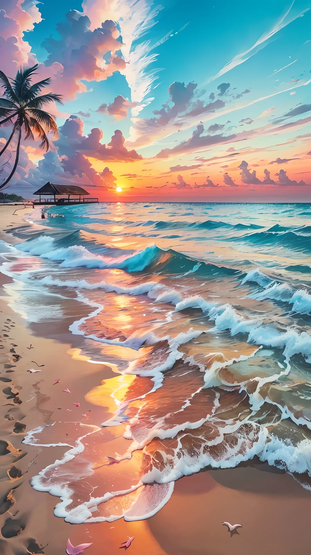 Absolutely mesmerizing sunset on the beach with a mix of oranges, pinks and yellows in the sky. The water is crystal clear, gently kissing the shore, and the white sand is endless. The scenes are action-packed and breathtaking, with seagulls soaring high in the sky and palm trees swaying gently. Immerse yourself in the calm atmosphere and let the serenity surround you. --auto --s2