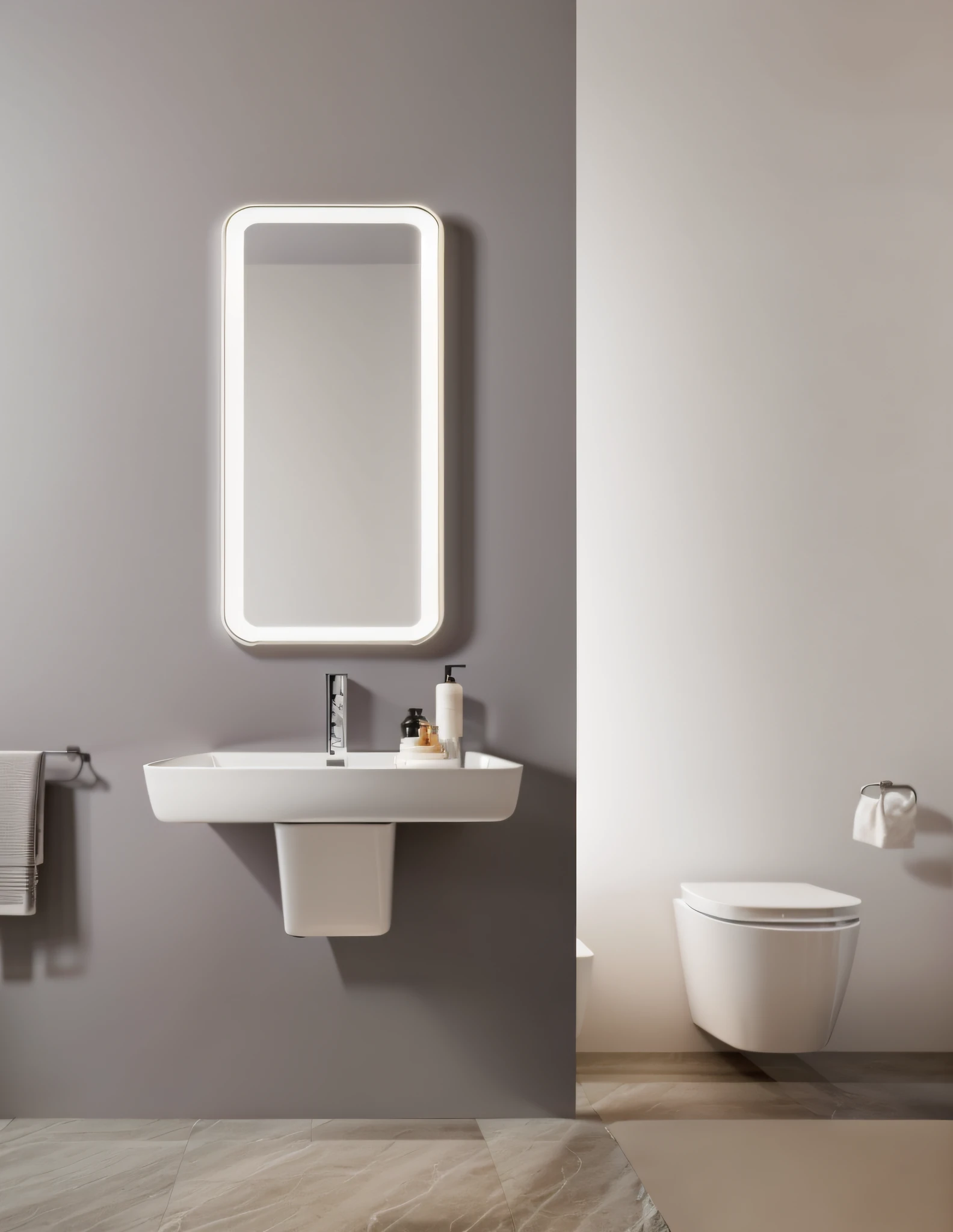 There is a bathroom with toilet, sink, mirror and towel rail, minimalist design, minimalist design, minimalist, iconic design, perfect design, smooth white, smart design, simple, modern design, perfect details, minimalist design, translucent, sense of depth, simple design, elegant design, clean design, original clean design, detailed image, remove the sink and mirror towel rack