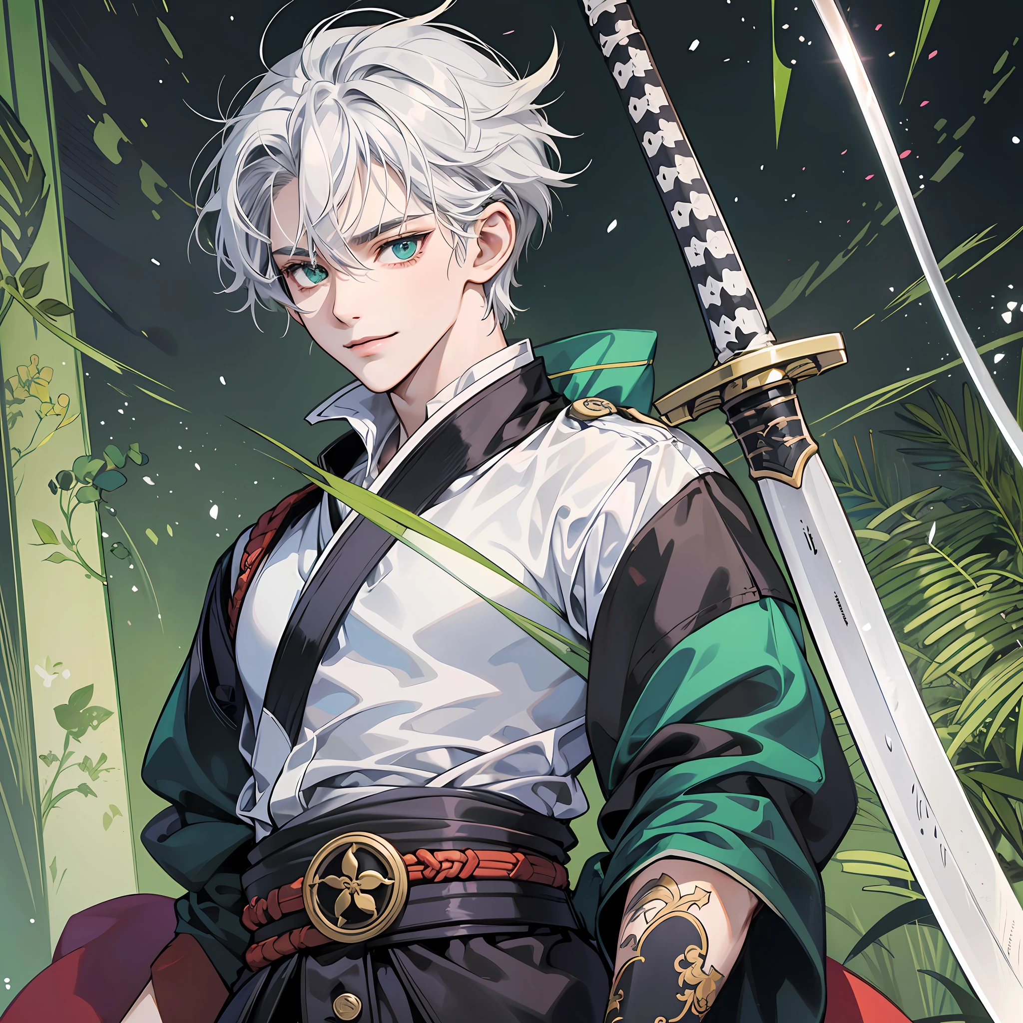 best quality (katana: 1.4), serious,(at night: 1.4), a single -yeld hahite hair, short hair, and spilled over his body, straight and shiny, which fall gently down his back. Her hair is thick and has a healthy appearance, contrasting with her fair skin. The young man's eyes are deep and emerald green, intense as two light pearls. They reflect calm and an inquisitive curiosity. With his upright posture, the young man shows a confident bearing and a cheerful and hyperactive aura. He is shirtless and underneath wears the underside of a white kimono with blue-green details with grey clouds printed, with a large yellow ribbon at his waist, sleeveless, made of a quality fabric. giving him the look of a swordsman. At his waist, he carries a white katana with gray details on the blade. The long, sharp blade is made of polished steel, reflecting light. The katana grip is wrapped in black leather, offering a firm and secure grip. The scabbard of the sword adorned with demonic symbols. style kimetsu no yaiba, alone, 1boy, man, demon slayer style, loose hair, quiet look, smiling, tall, confident, only 1, hair shed, hair loose and large, small monkey on your shoulder, demon slayer artstyle --auto --s2