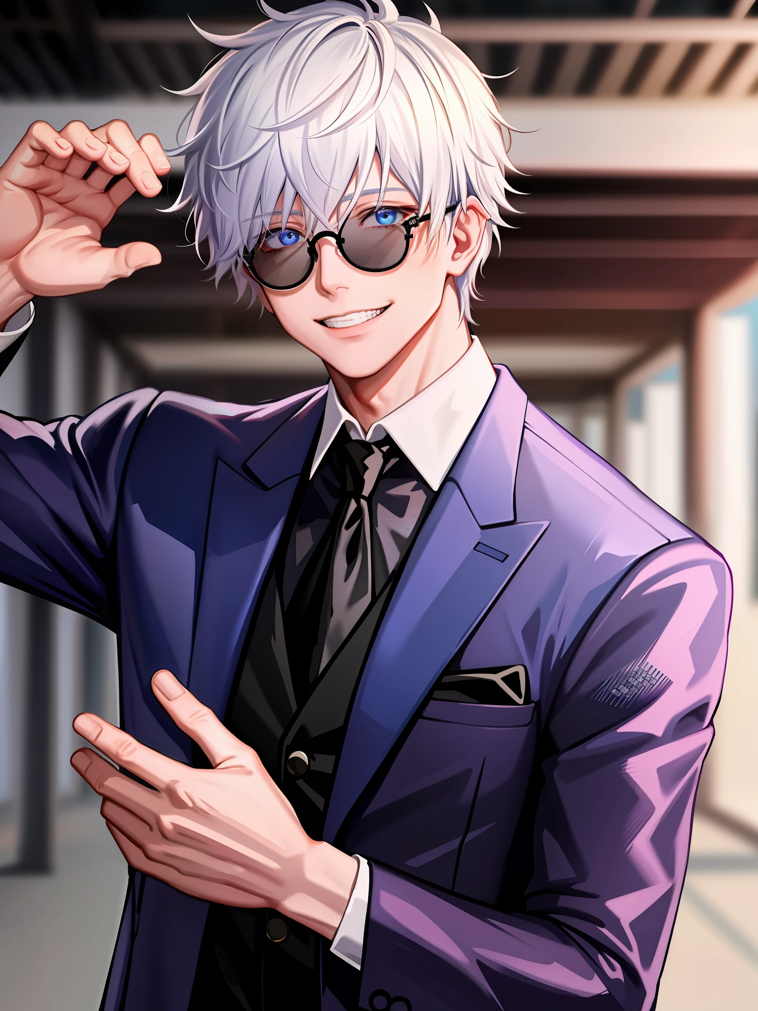 1boy, Gojo, a man with white hair and black round sunglasses, posing for a picture, black business suit, black tie, blue eyes, smirking, teeth visible, cowboy shot , (masterpiece:1.4),(best quality:1.4),(shiny skin),realistic, east asian architecture background, detailed eyes, detailed face,