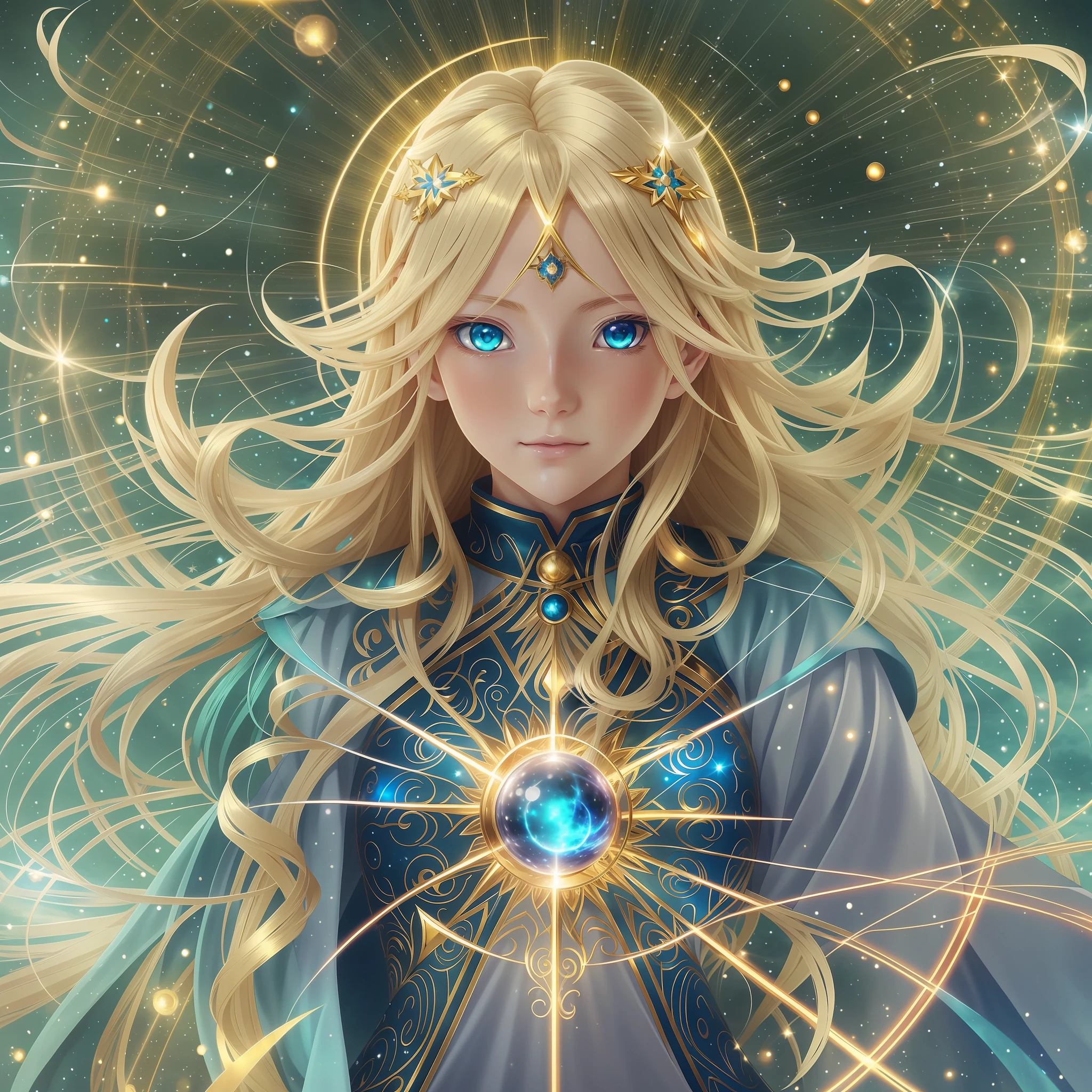 anime girl with golden hair and blue eyes holding a glowing orb, beautiful celestial mage, portrait knights of zodiac girl, anime fantasy illustration, 2. 5 d cgi anime fantasy artwork, anime fantasy artwork, goddess of light, glowing angelic being, detailed digital anime art, artgerm on artstation pixiv, detailed fantasy digital art, beautiful young wind spirit