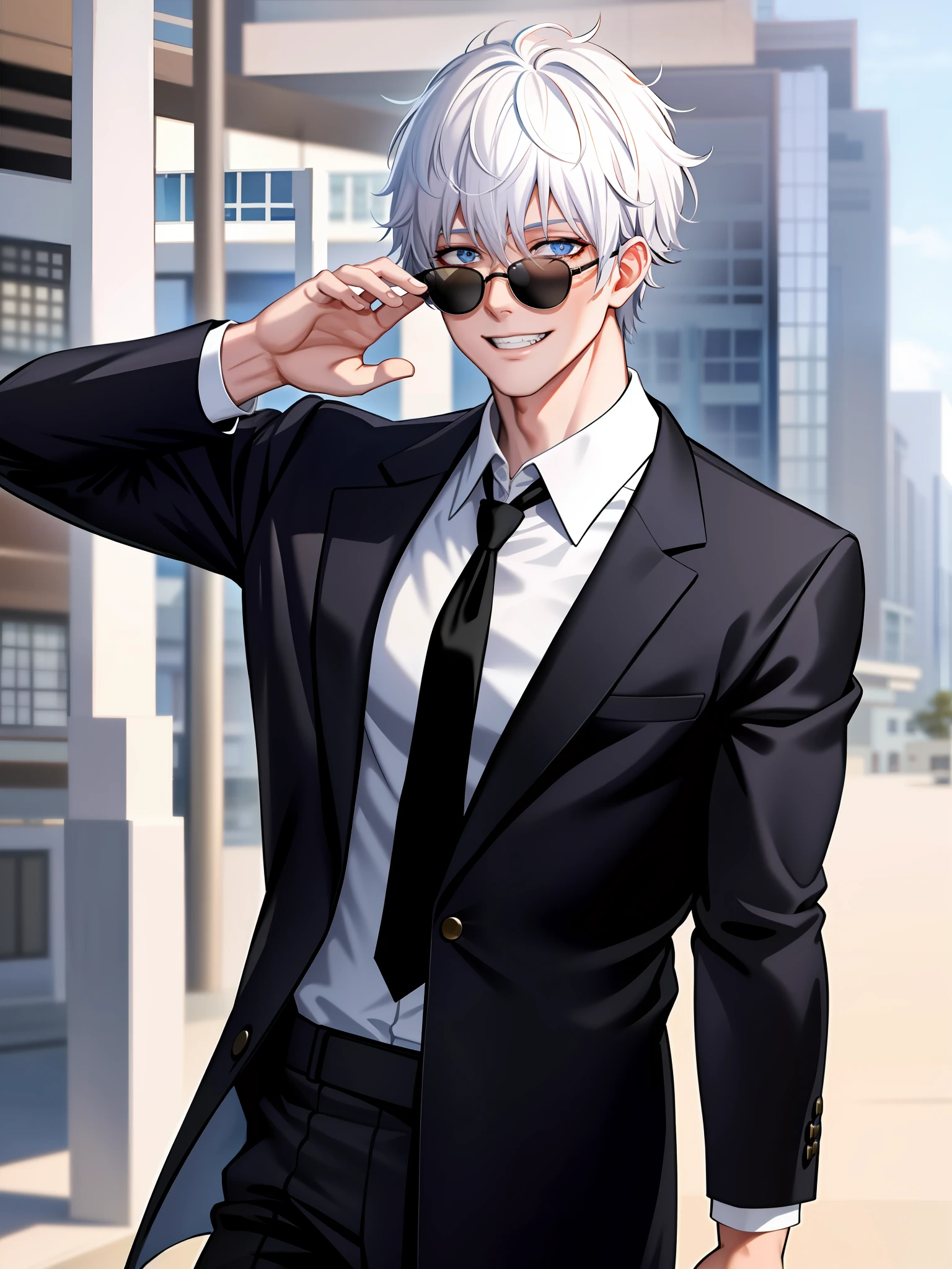 1boy, Gojo, a man with white hair and black round sunglasses, posing for a picture, black business suit, black tie, blue eyes, smirking, teeth visible, cowboy shot  , (masterpiece:1.4),(best quality:1.4),(shiny skin),realistic, east asian architecture background, detailed eyes, detailed face,