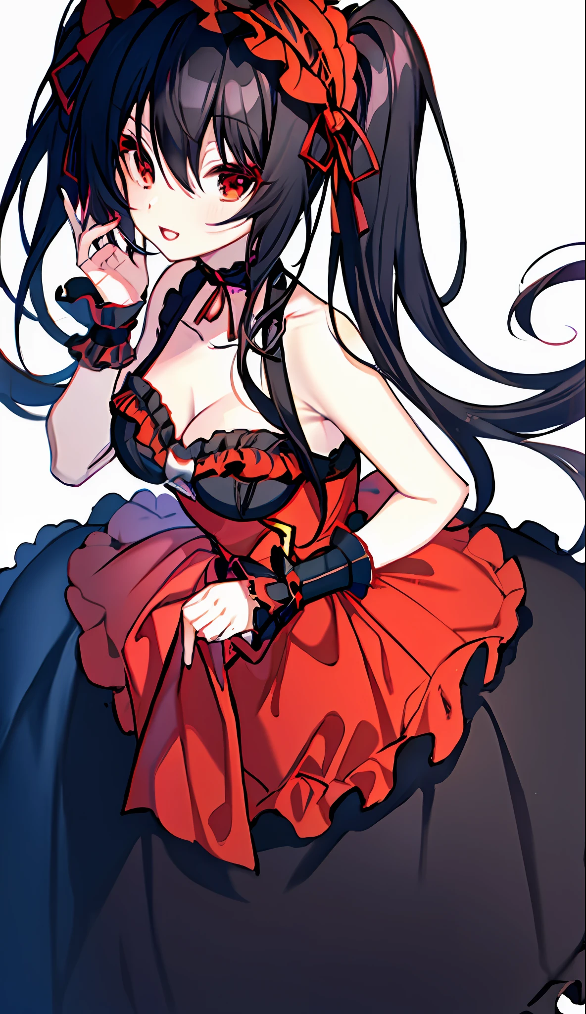 18 Year Old Beautiful Girl, Masterpiece, Top Quality, 8K Anime, 1 Girl, Solo, Detailed Fingers, Precise Fingers, Non-Unnatural Hands, Odd Eye, Red Eyes, Cleavage, Black Hair Twin Tails, Kurumi Tokizaki