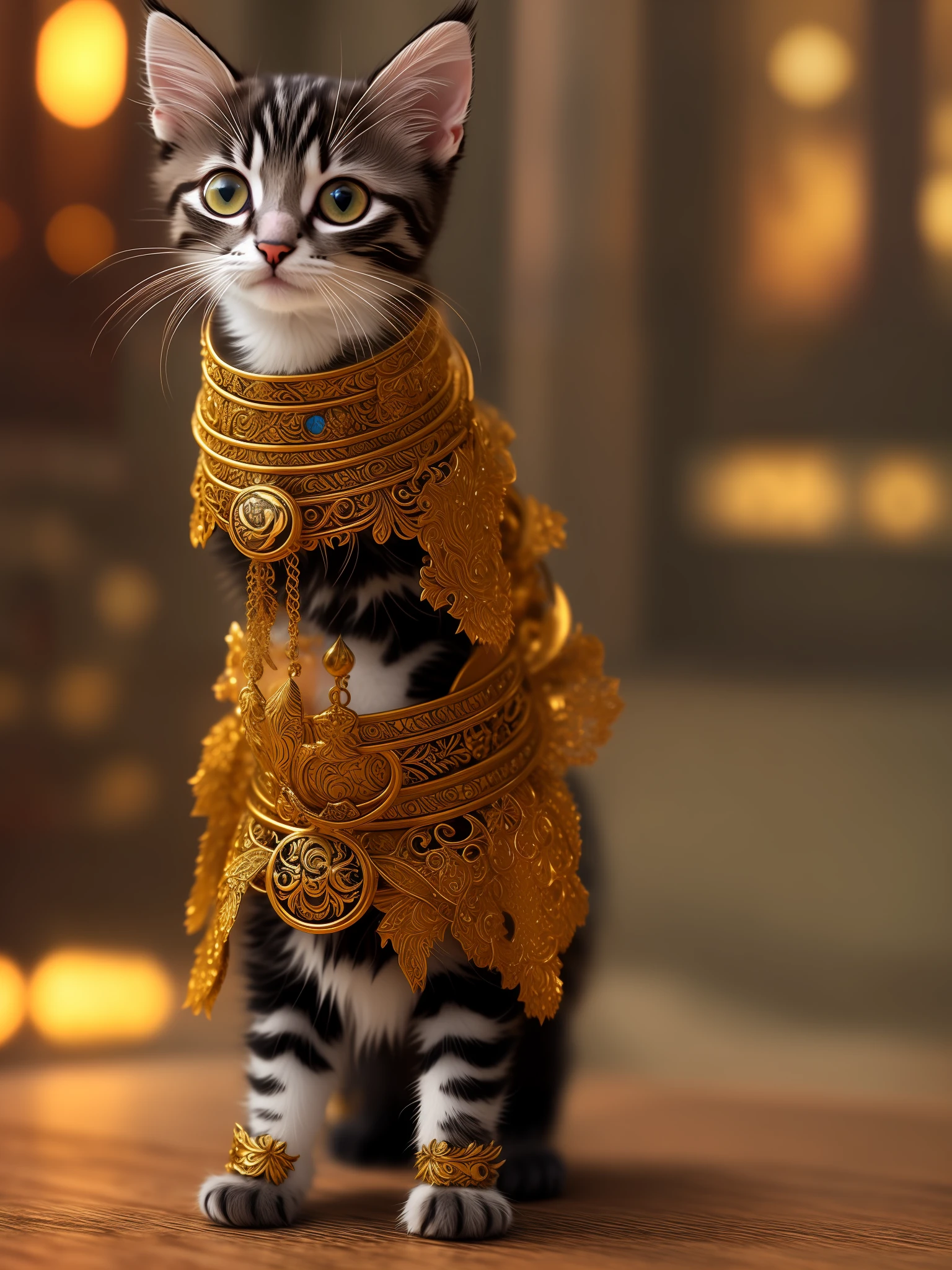 A cute kitten in bronze holy robe, punk style, ((intricate details)), HDR, ((intricate details, super detailed)), cinematic footage, vignette