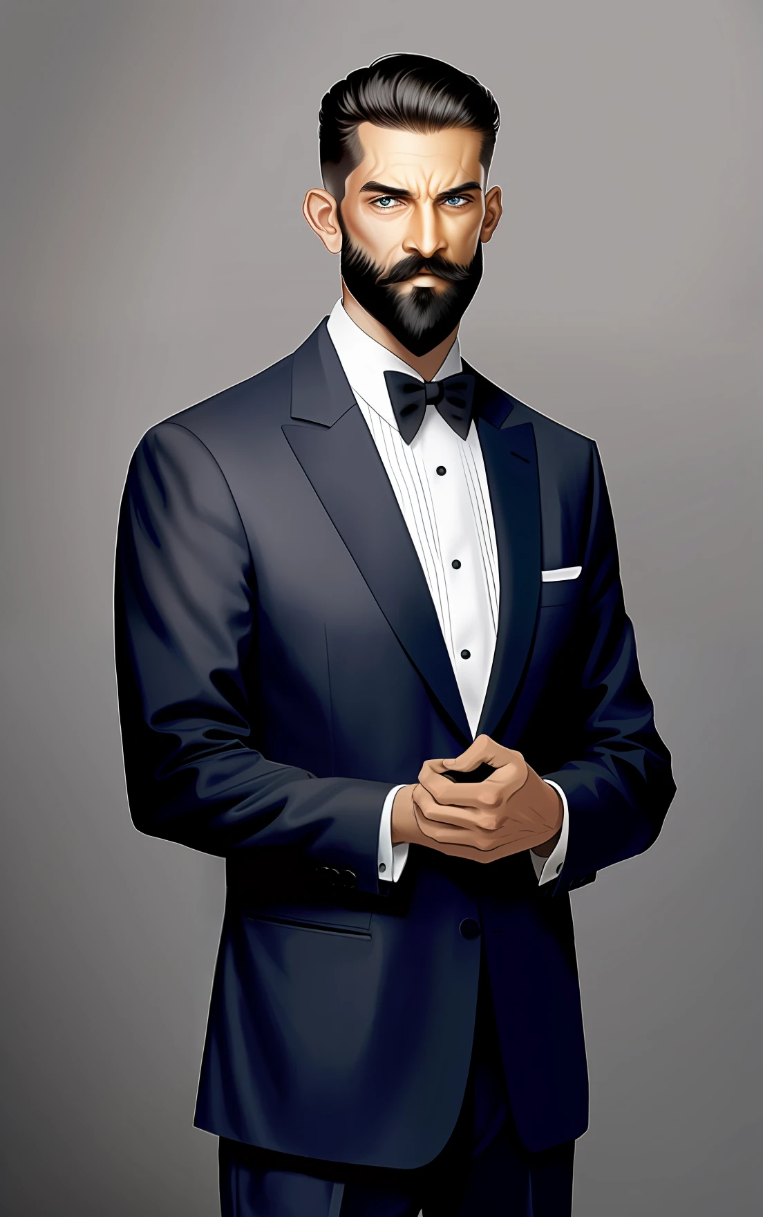 Man in blue suit and black tie, with beards and mustache, with a haircut on his head coming down in a large car