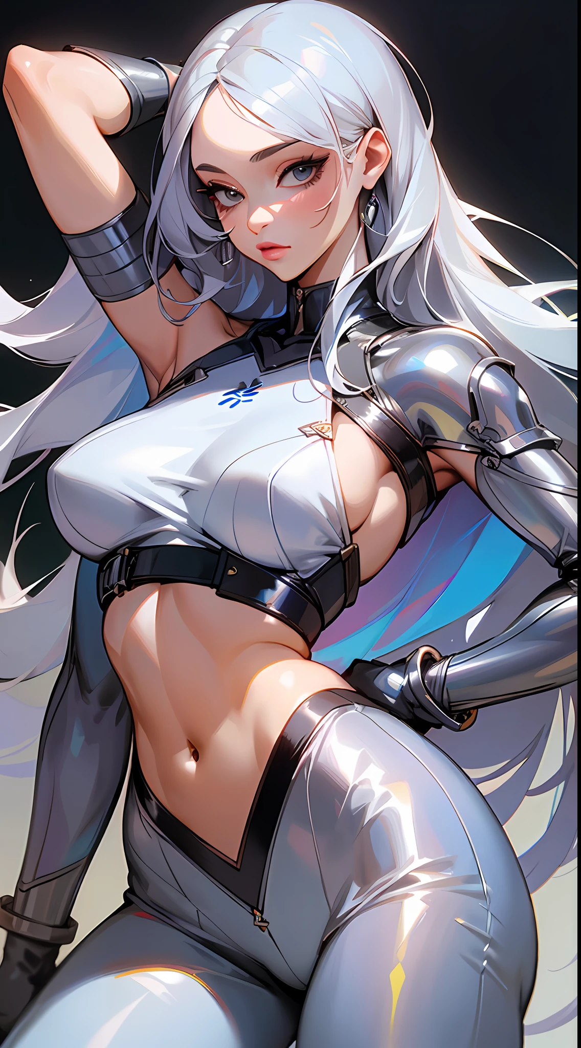 Best quality, masterpiece, portrait, perfect anatomy, flawless, 1woman, solo, sexy, stylish, mature, silver pants, croptop, long hair, feminine, cool, queen, correct female anatomy,
