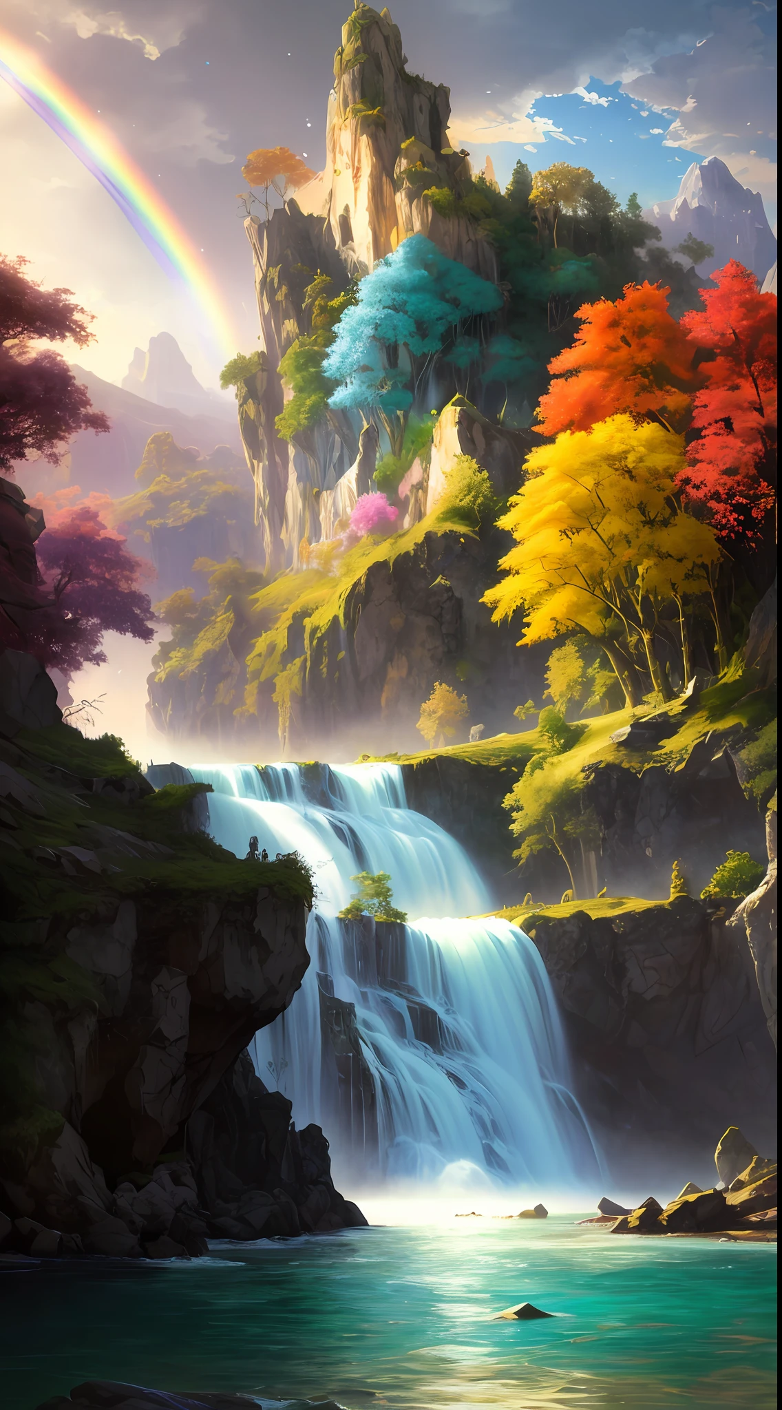 analog style,ChromaV5,nvinkpunk,(extremely detailed CG unity 8k wallpaper),A Illustration of a bright and majestic waterfall cascading down a rocky cliff, illuminated by the shining sun, The water sparkles as it falls, casting a rainbow of colors, the surrounding landscape is lush and verdant, with tall trees and wildflowers,award winning photography, Chromatic Aberration; Geometric Shapes; Bokeh, Depth of Field, Photorealistic,  Detailed, Bloom, HDR , oil painting by John Singer Sargent, Frederic Church, and Thomas Moran,trending on ArtStation, trending on CGSociety, art by midjourney