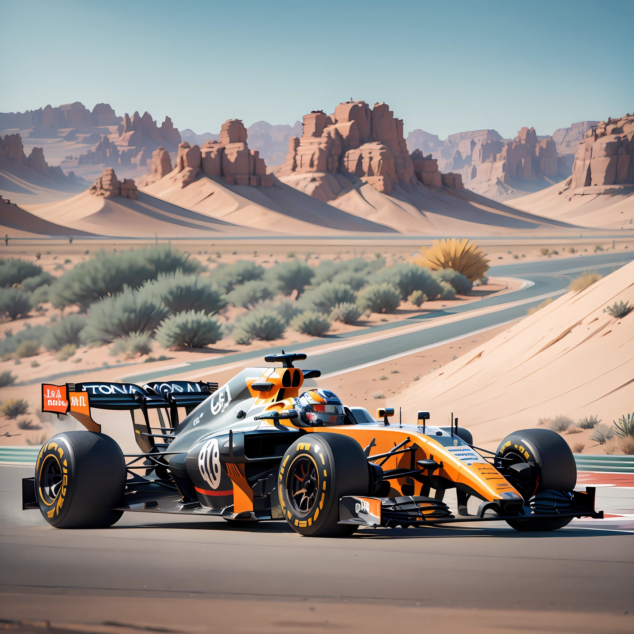A formula one race car, on a winding road in the middle of a desert region with some cacti --auto --s2
