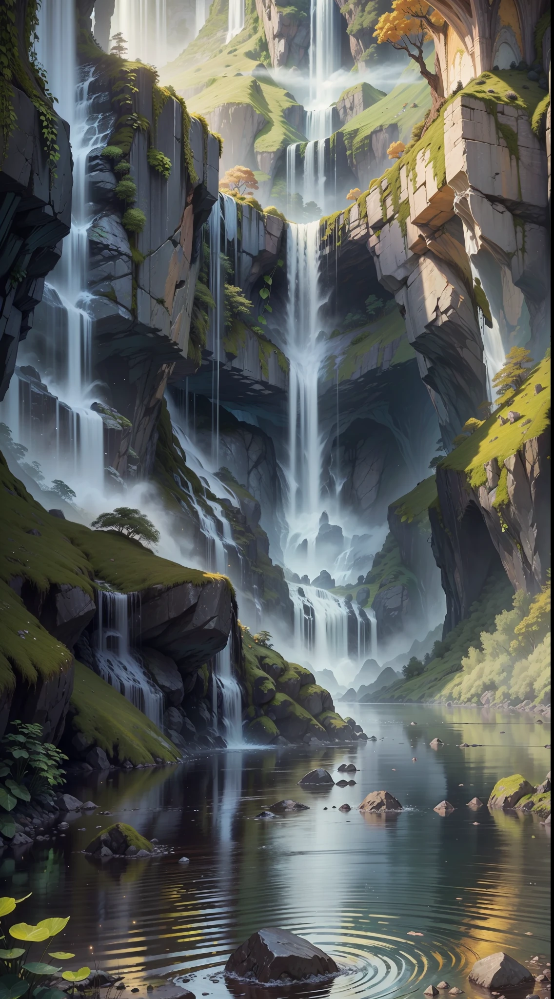 Waterfall conveys four adventurers natural fantasy landscape fairy green, golden ratio, animated detail, delicate, QuixelMegascans trend, perfect image, super high resolution, perfect composition, detailed, super color, (high detail skin: 1.2), 8k ultra high definition, DSLR camera, soft lighting, high quality, film grain, Fujifilm XT3 --auto --s2