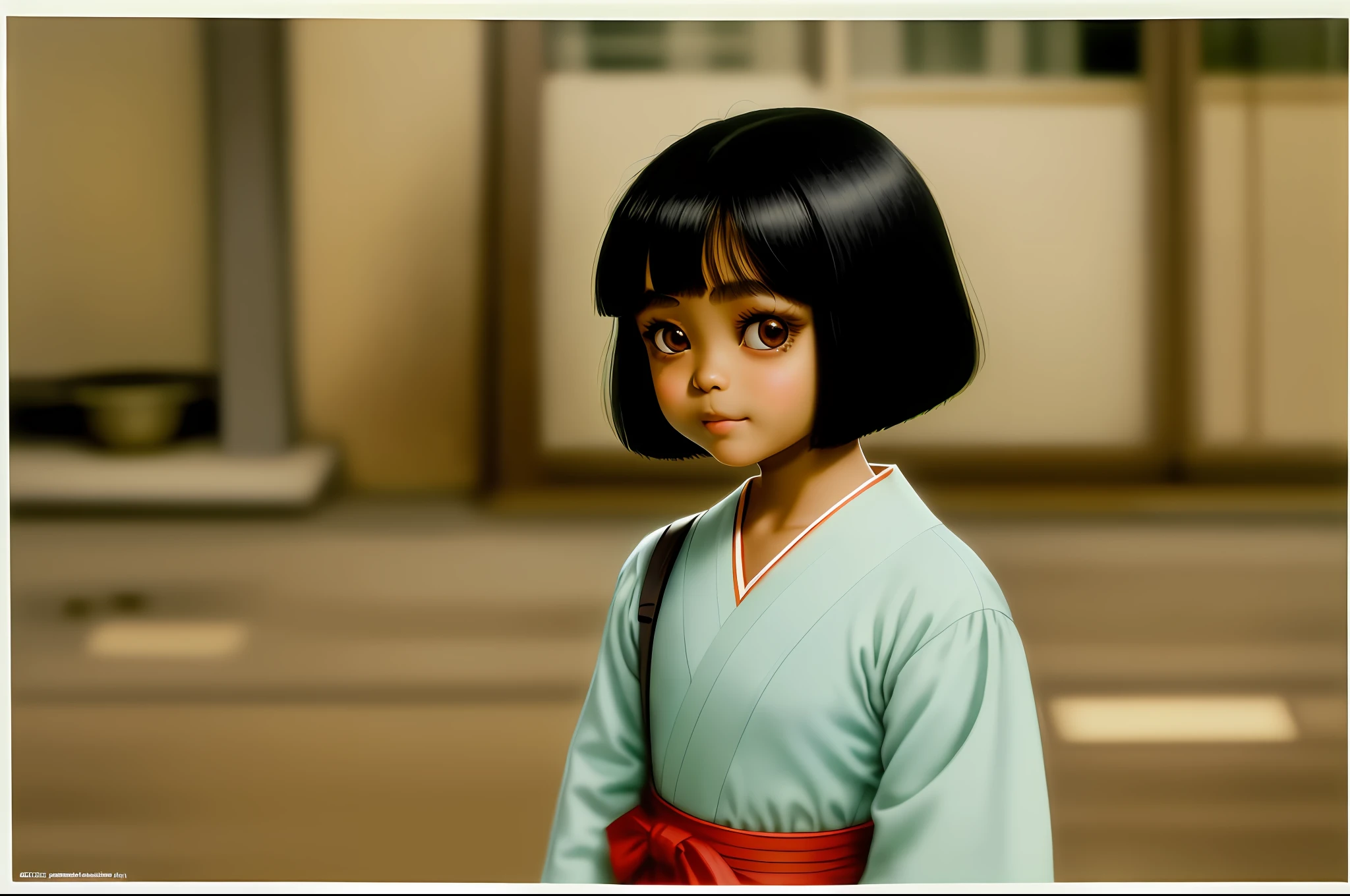 Kodacolor color slide, photorealistic, extremely delicate and beautiful, black hair bob cut, brown eyes, gentle smile, very small stature, 2feet height, japanese woman, very thin, (body size is jyoti amge, face is ishihara satomi:1.3), wearing square collar shirts, 1972