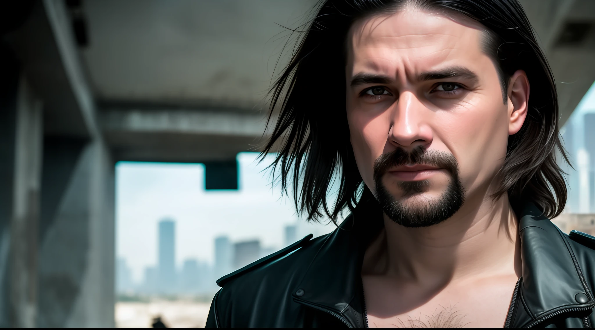 Photo RAW, a close-up portrait of a brutal 45-year-old man in cyberpunk defector clothes, long haircut, pale skin, slender body, background of city ruins (highly detailed skin: 1.2), 8k uhd, dslr, soft lighting, high quality, film grain, Fujifilm XT3