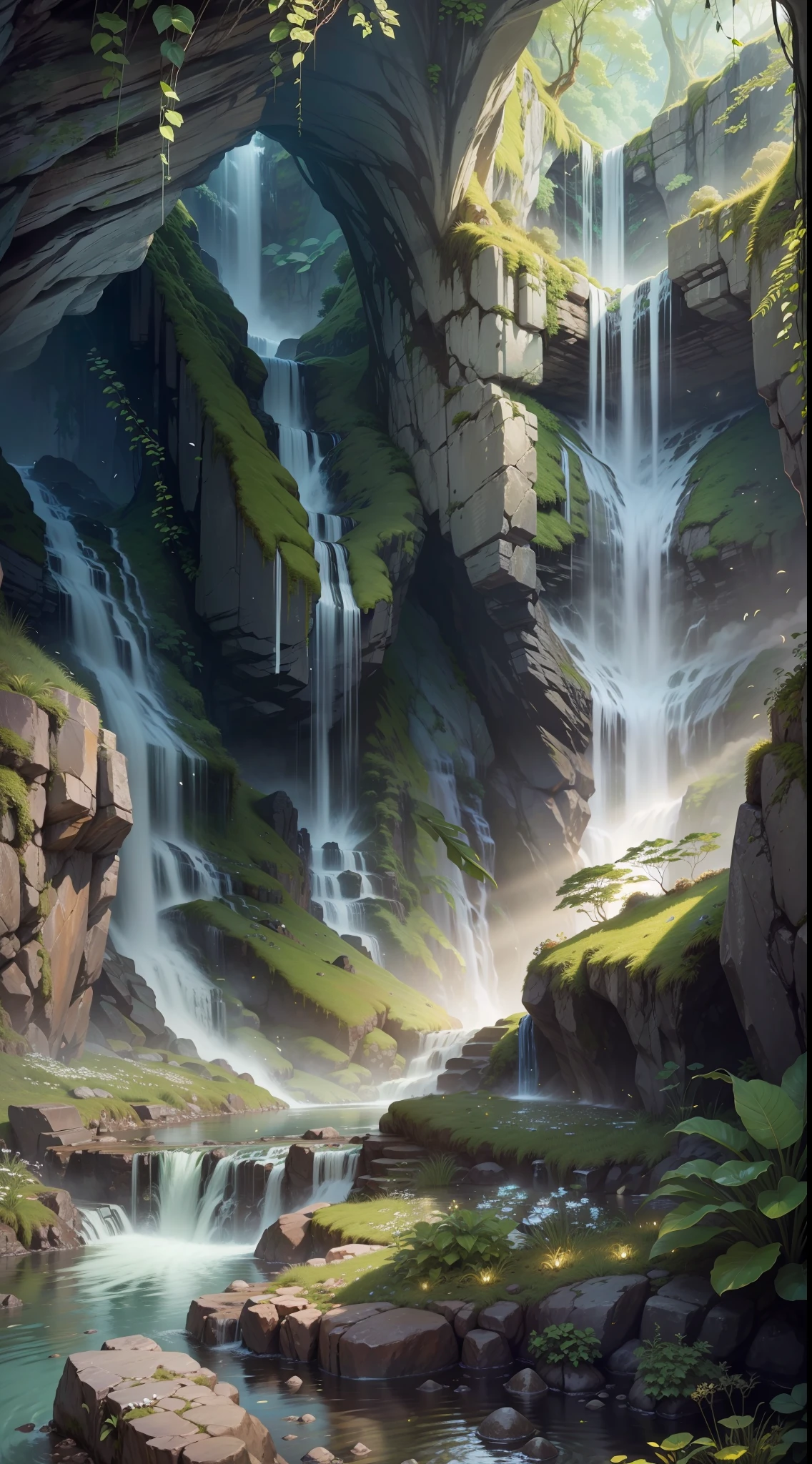 Waterfall conveys four adventurers natural fantasy landscape fairy green, golden ratio, animated detail, delicate, QuixelMegascans trend, perfect image, super high resolution, perfect composition, detailed, super color, (high detail skin: 1.2), 8k ultra high definition, DSLR camera, soft lighting, high quality, film grain, Fujifilm XT3 --auto --s2