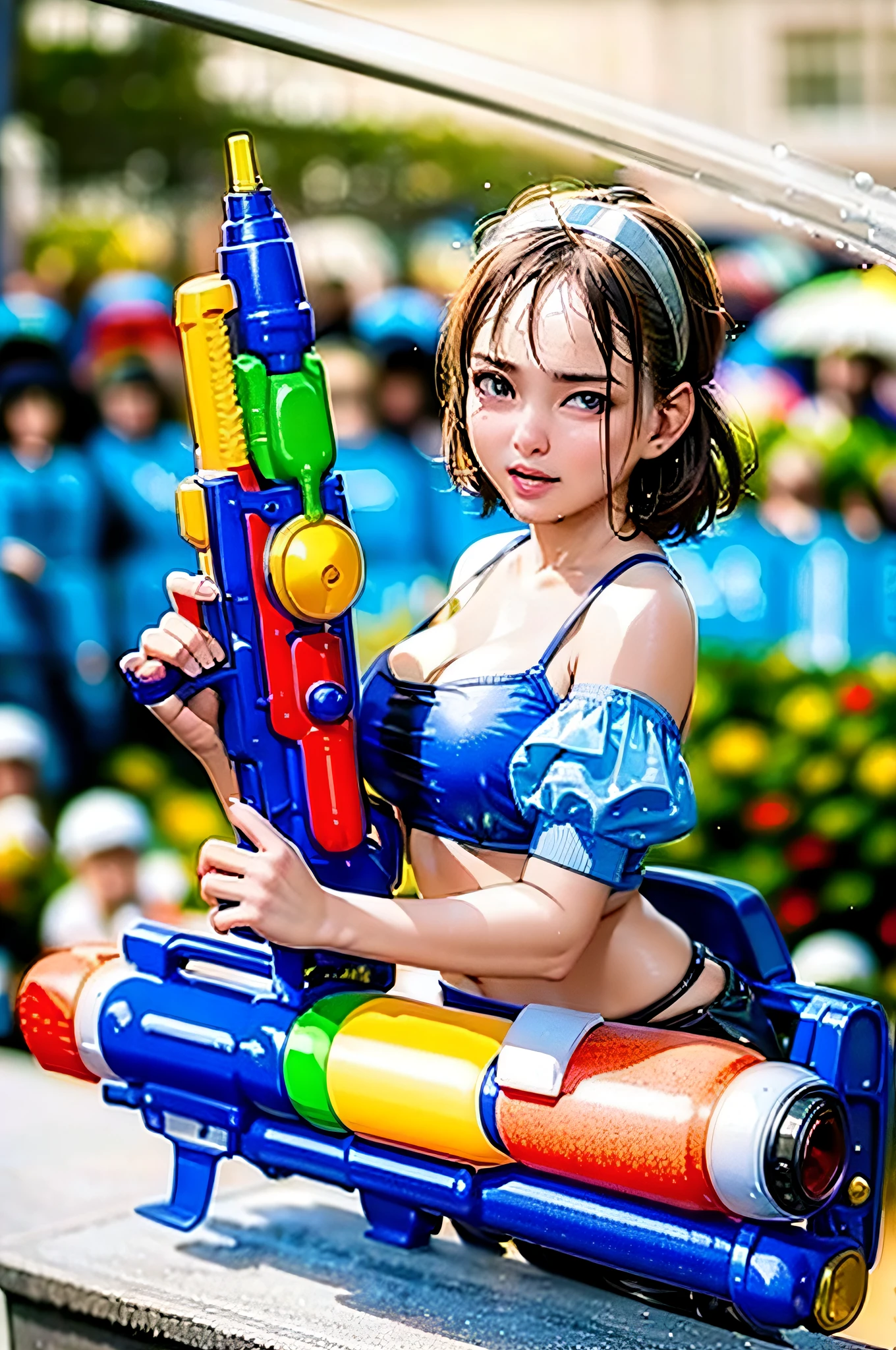 ((high quality, absurdres, best quality, ultra photo realistic,extreme detail,)),1girl,bikini,water gun, in the middle of the crowd,splashing water,holding a water gun:1,breasts,