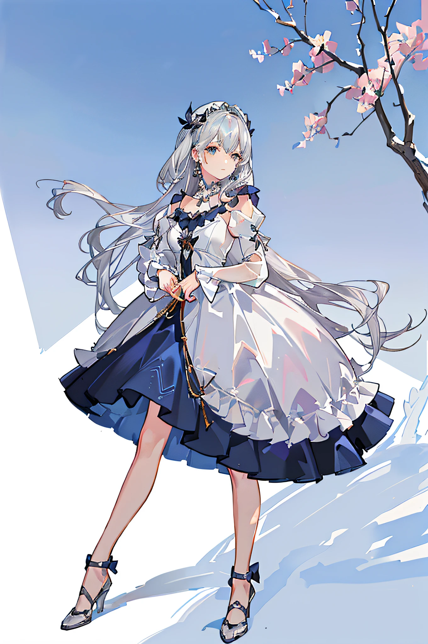 masterpiece, best quality, ultra detail, illustration, portrait, 1girl, st. louis \(luxury wheels) \(Azure Lane\), hair ornament, earrings, necklace, portrait, ((((silver dress))), (((revealing clothing))), looking at the viewer, solo,walking gracefully