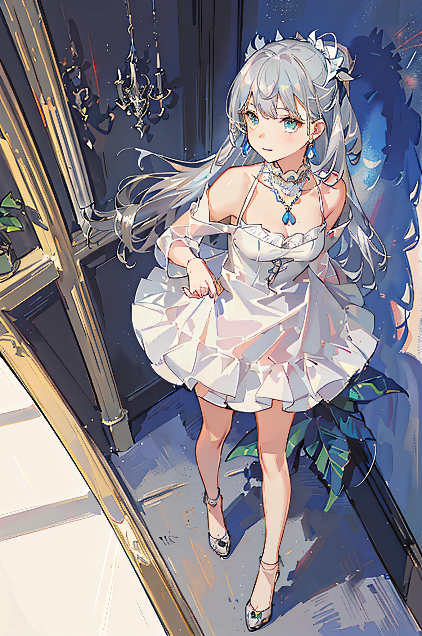 masterpiece, best quality, ultra detail, illustration, portrait, 1girl, st. louis \(luxury wheels) \(Azure Lane\), hair ornament, earrings, necklace, portrait, ((((silver dress))), (((revealing clothing))), looking at the viewer, solo,walking gracefully
