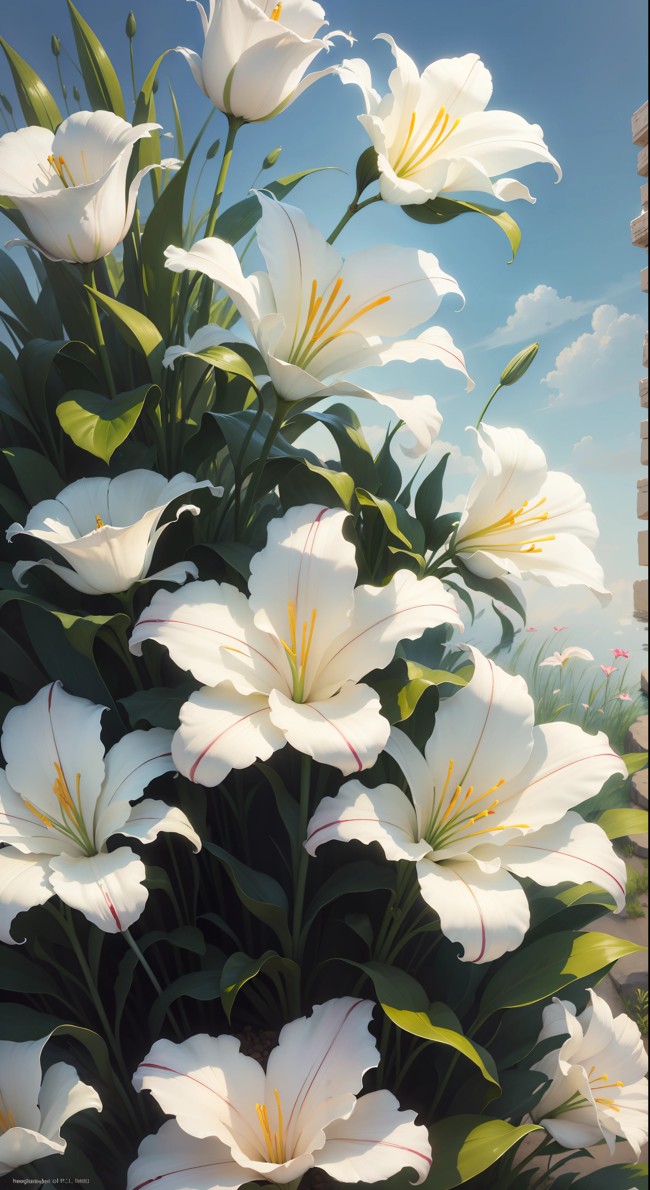 (High resolution: 1.1), Best quality, (Masterpiece: 1.2), Vivid colors, digital painting, white lilies, natural beauty, blue sky, close-up