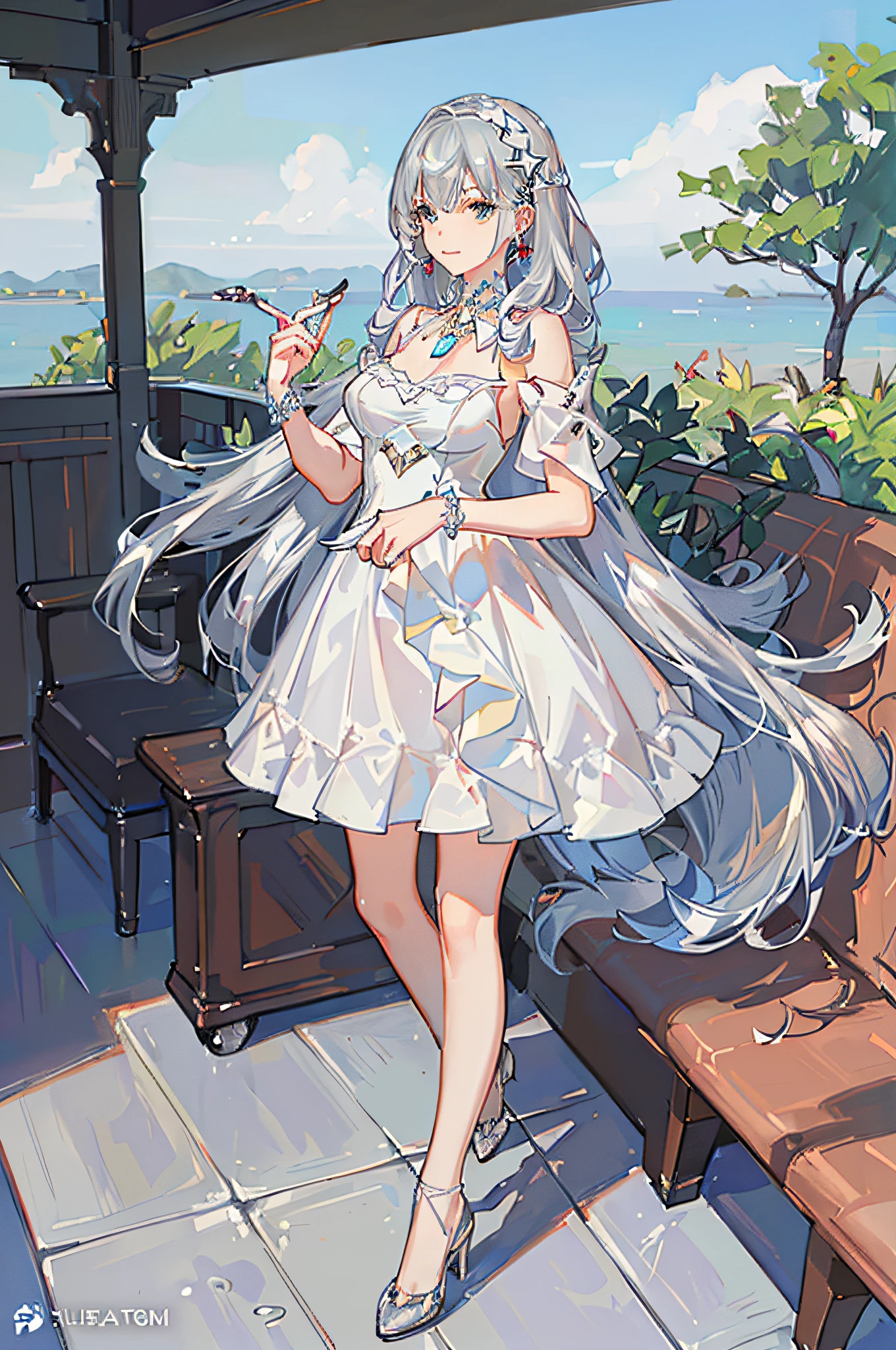 masterpiece, best quality, ultra detail, illustration, portrait, 1girl, st. louis \(luxury wheels) \(Azure Lane\), hair ornament, earrings, necklace, portrait, ((((silver dress))), (((revealing clothing))), looking at the viewer, solo,walking gracefully