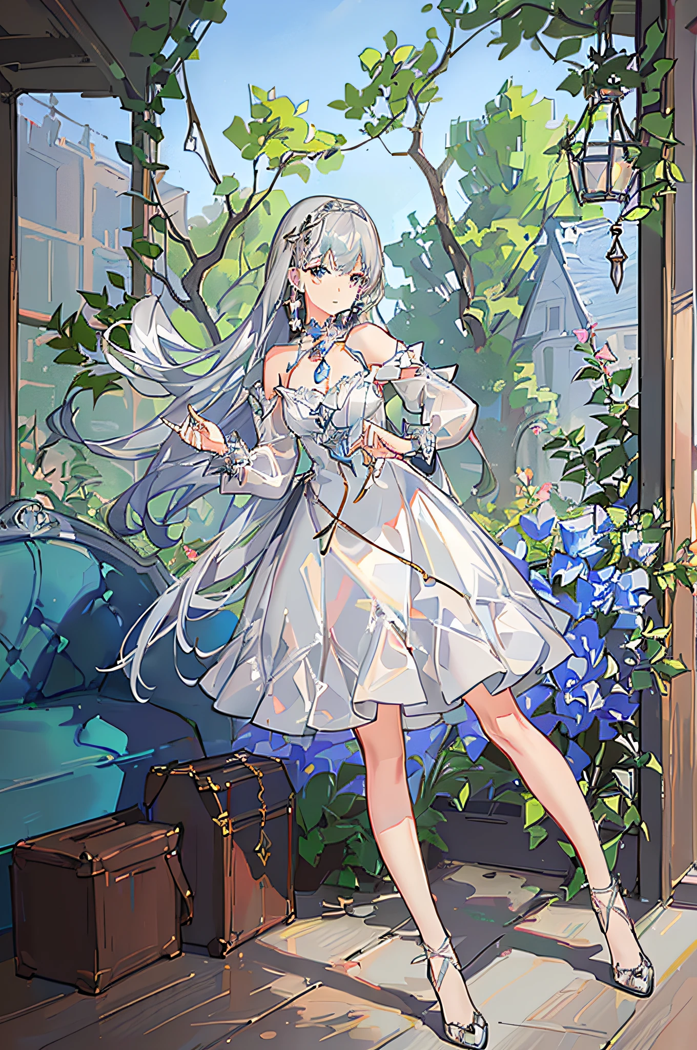masterpiece, best quality, ultra detail, illustration, portrait, 1girl, st. louis \(luxury wheels) \(Azure Lane\), hair ornament, earrings, necklace, portrait, ((((silver dress))), (((revealing clothing))), looking at the viewer, solo,walking gracefully