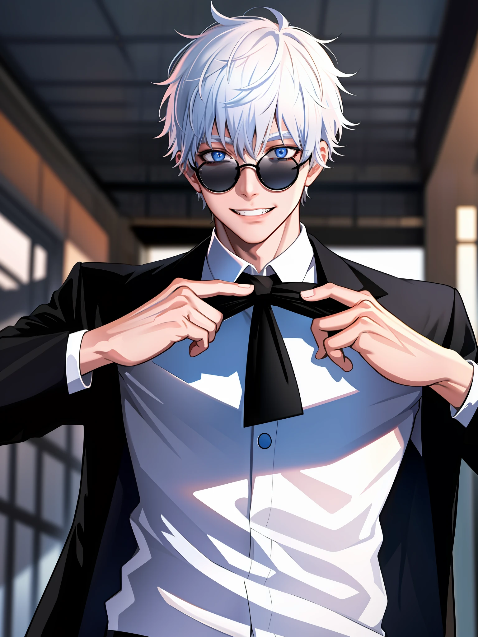 1boy, Gojo, a man with white hair and black round sunglasses, posing for a picture, black business suit, black tie, blue eyes, smirking, teeth visible, cowboy shot , (masterpiece:1.4),(best quality:1.4),(shiny skin),realistic, east asian architecture background, detailed eyes, detailed face,
