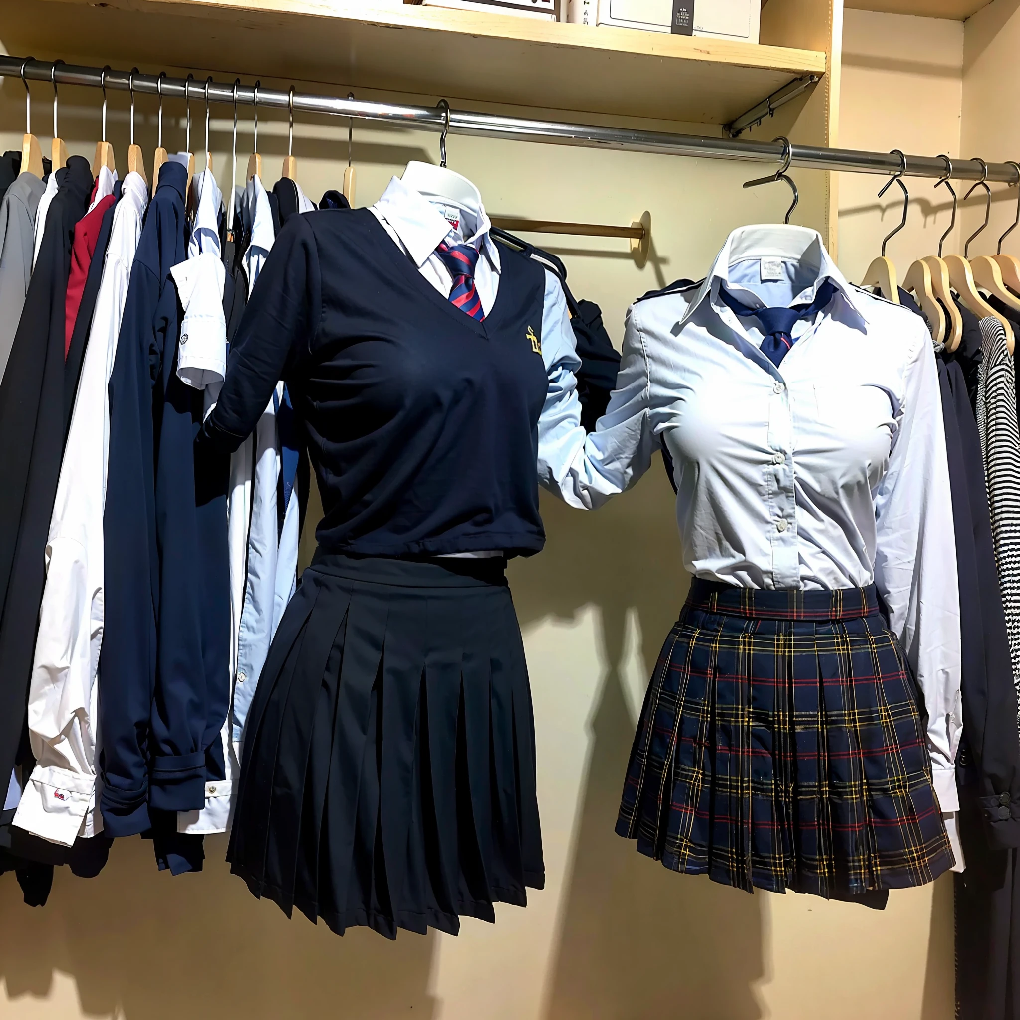 hanger school uniforms in closet raise their sleeves as if invisible girl wear it, school uniforms swells as if possessed by invisible girls, school uniforms have huge breasts, (((((no humans))))), (headless), faceless, invisible girls, (hanger), (in closet), hand on hip, (masterpiece), ((invisible)), huge breasts, very short skirt