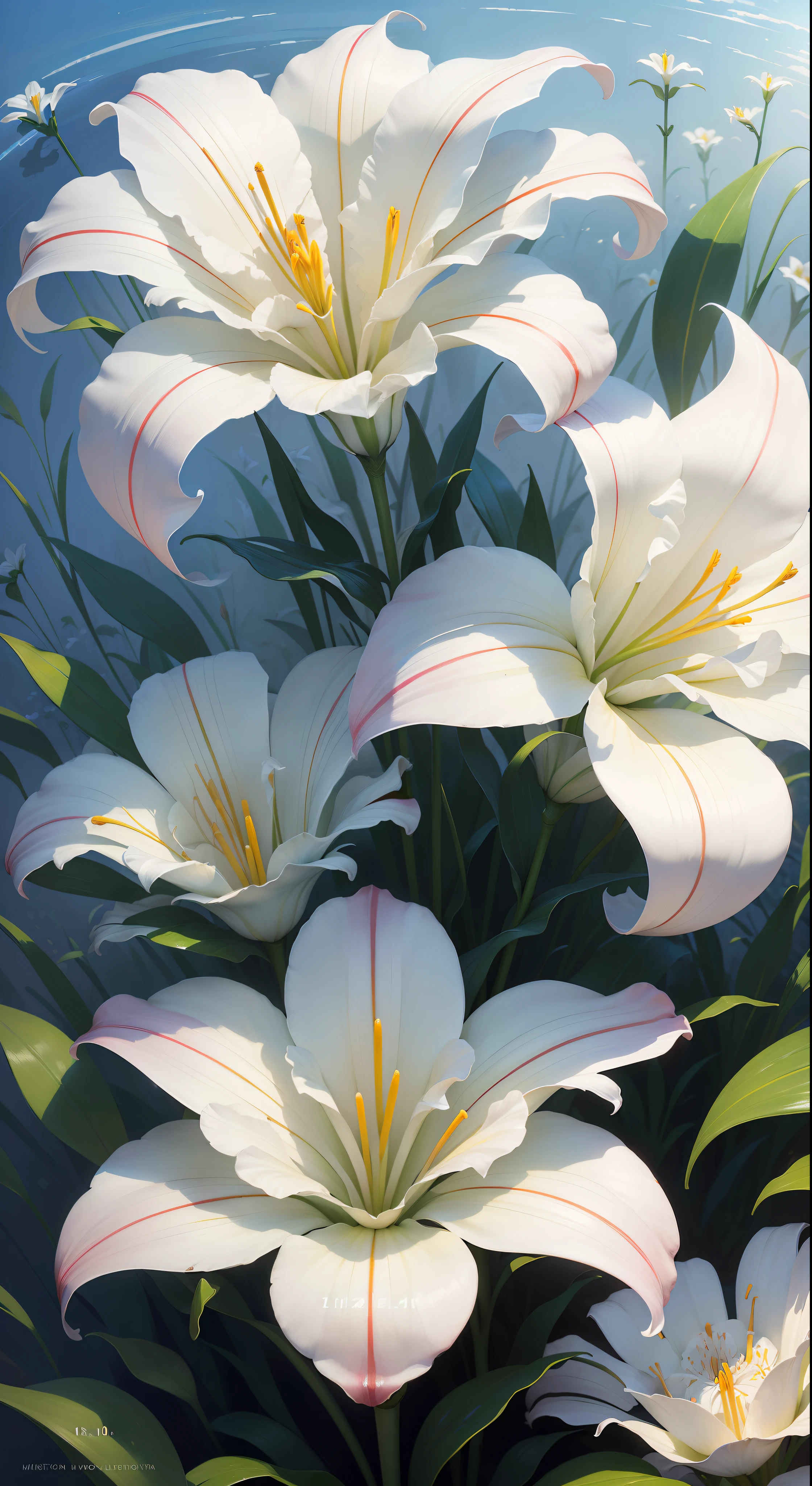 (High resolution: 1.1), Best quality, (Masterpiece: 1.2), Vivid colors, digital painting, white lilies, natural beauty, blue sky, close-up