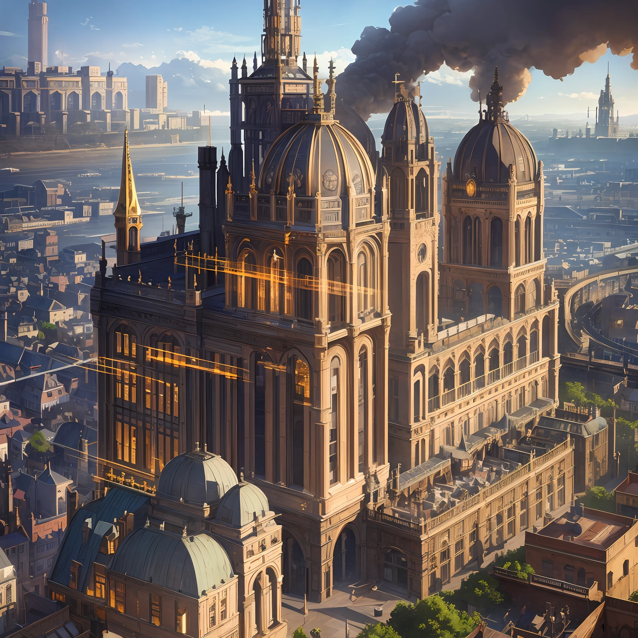 8k, steampunk era, steam-out factory, elaborate medieval architecture with pipes on the building, magnificent metropolis, steam train passing through the city, isometric, overlooking 45 degrees, SLG game architecture, concept art, octane rendering
