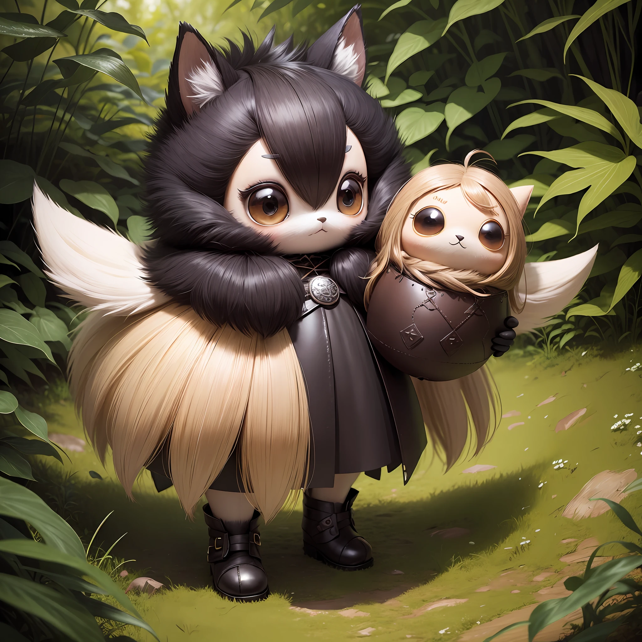 Snuslik, very fluffy, soft fur, a lot of texture, leather clothes and drape, Little anthropomorphic creature, toy design, sewn mixed media toy, doll, funny funny creature with big eyes and big ears, Snuslik walks through the forest in thick grass, like a macro photograph, like an illustration for a children's book, very cute, very warm atmosphere of the drawing, super detailed, a lot of details, very detailed clothes, You can see every seam on the clothes