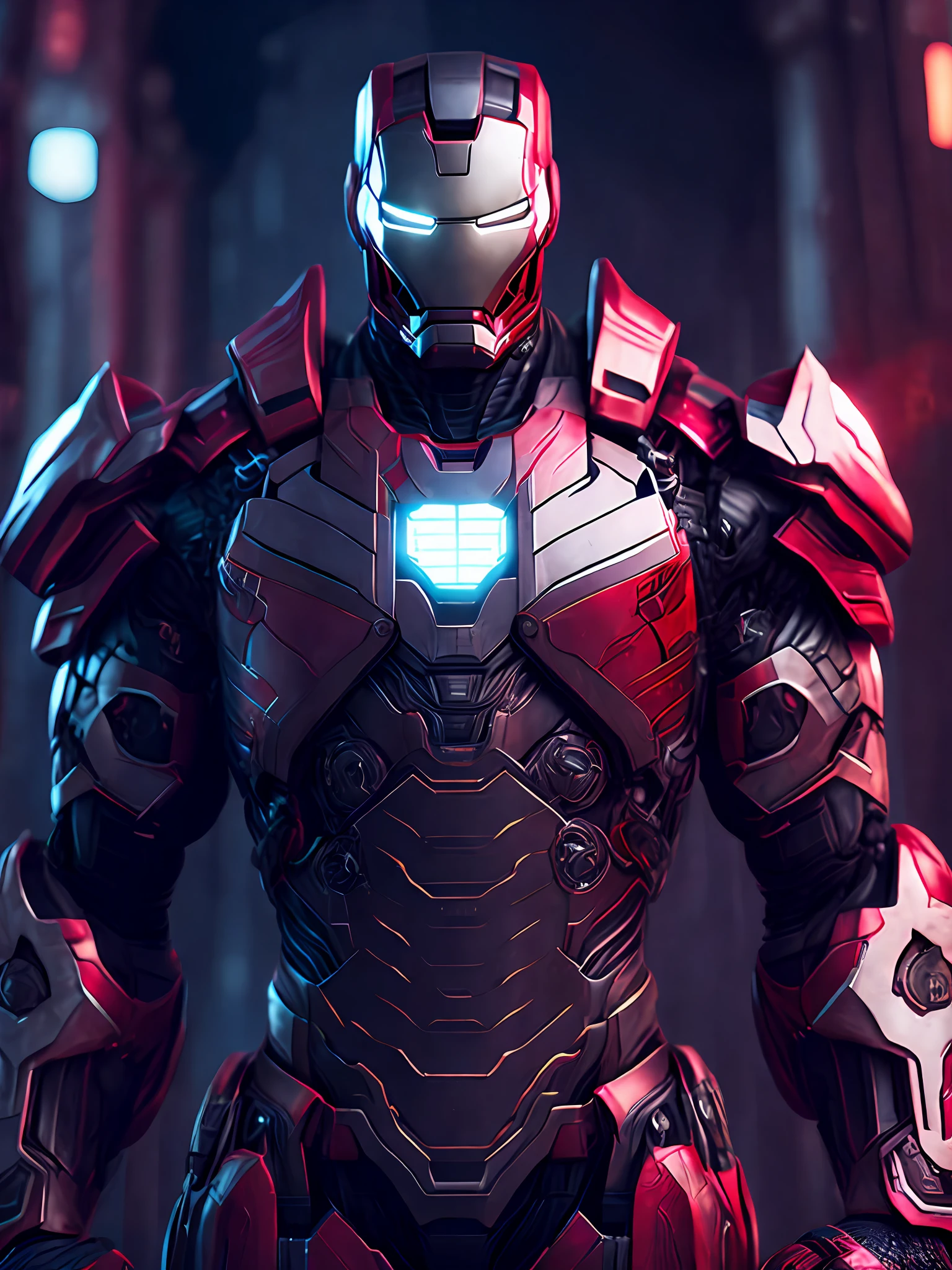 Portrait, Punisher Iron Man from Marvel, biomechanical, complex robot, full growth, hyperrealistic, insane small details, extremely clean lines, cyberpunk aesthetic, masterpiece featured at Zbrush Central, gothic brutalist cathedral, cyberpunk, award-winning photo, bokeh, neon lights, cybernetic limb