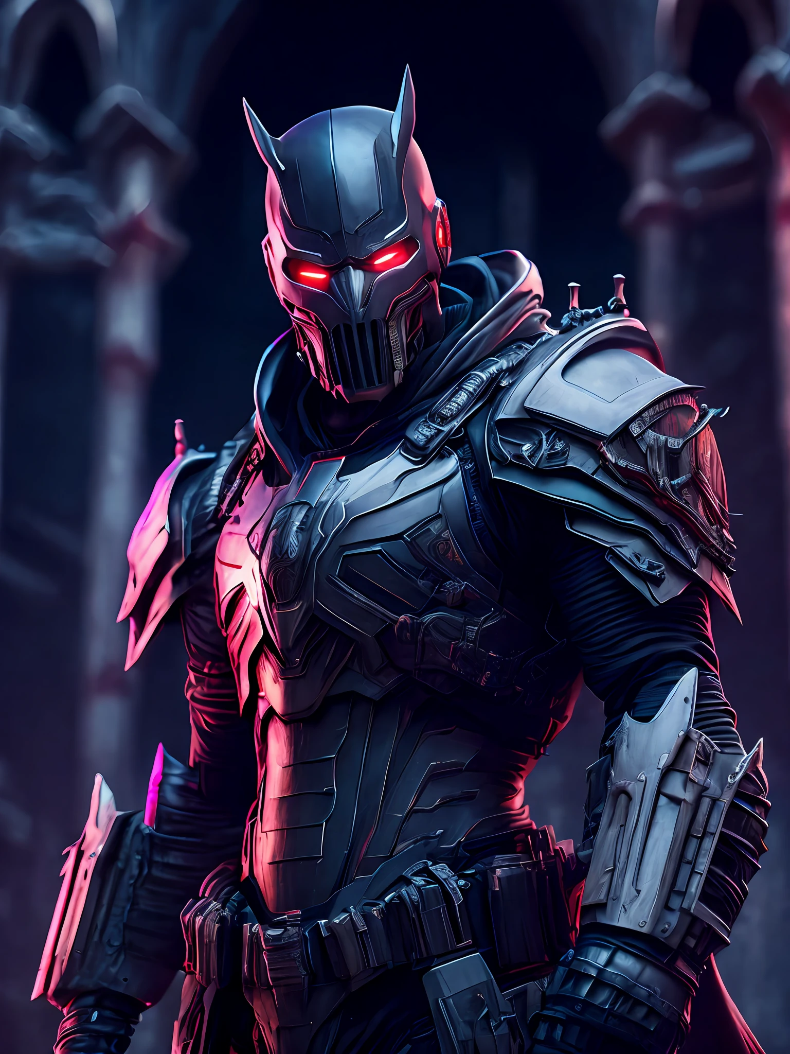 Portrait, Punisher Horseman of the Apocalypse from Marvel, biomechanical, complex robot, full growth, hyperrealistic, insane small details, extremely clean lines, cyberpunk aesthetic, masterpiece featured at Zbrush Central, gothic brutalist cathedral, cyberpunk, award-winning photo, bokeh, neon lights, cybernetic limb