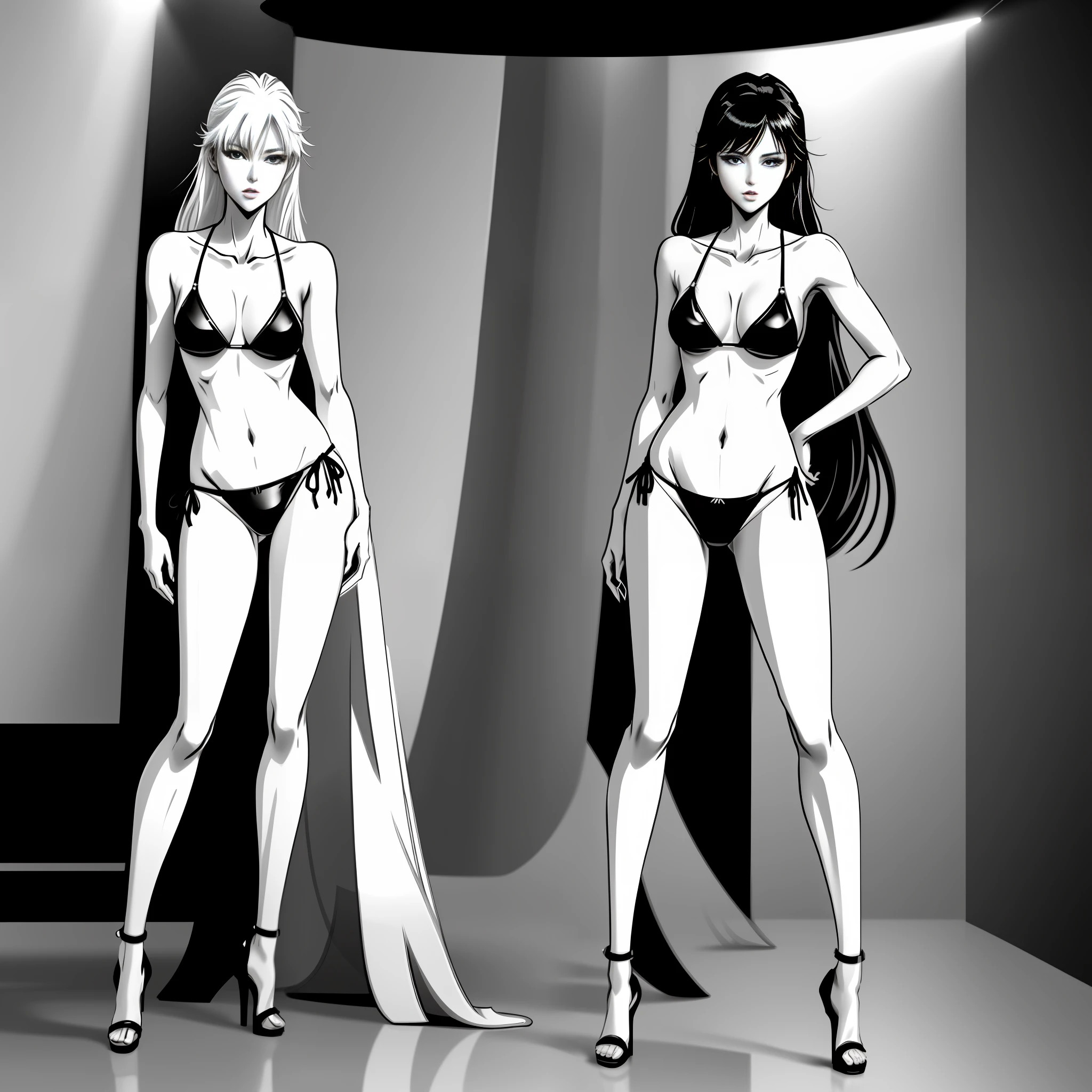 Black and white art, anime art, line art, a sexy female model standing in unreal space, 4k, silk bikini, thong crystal heels, delicate skin, long legs, tall figure, movie lights, full body