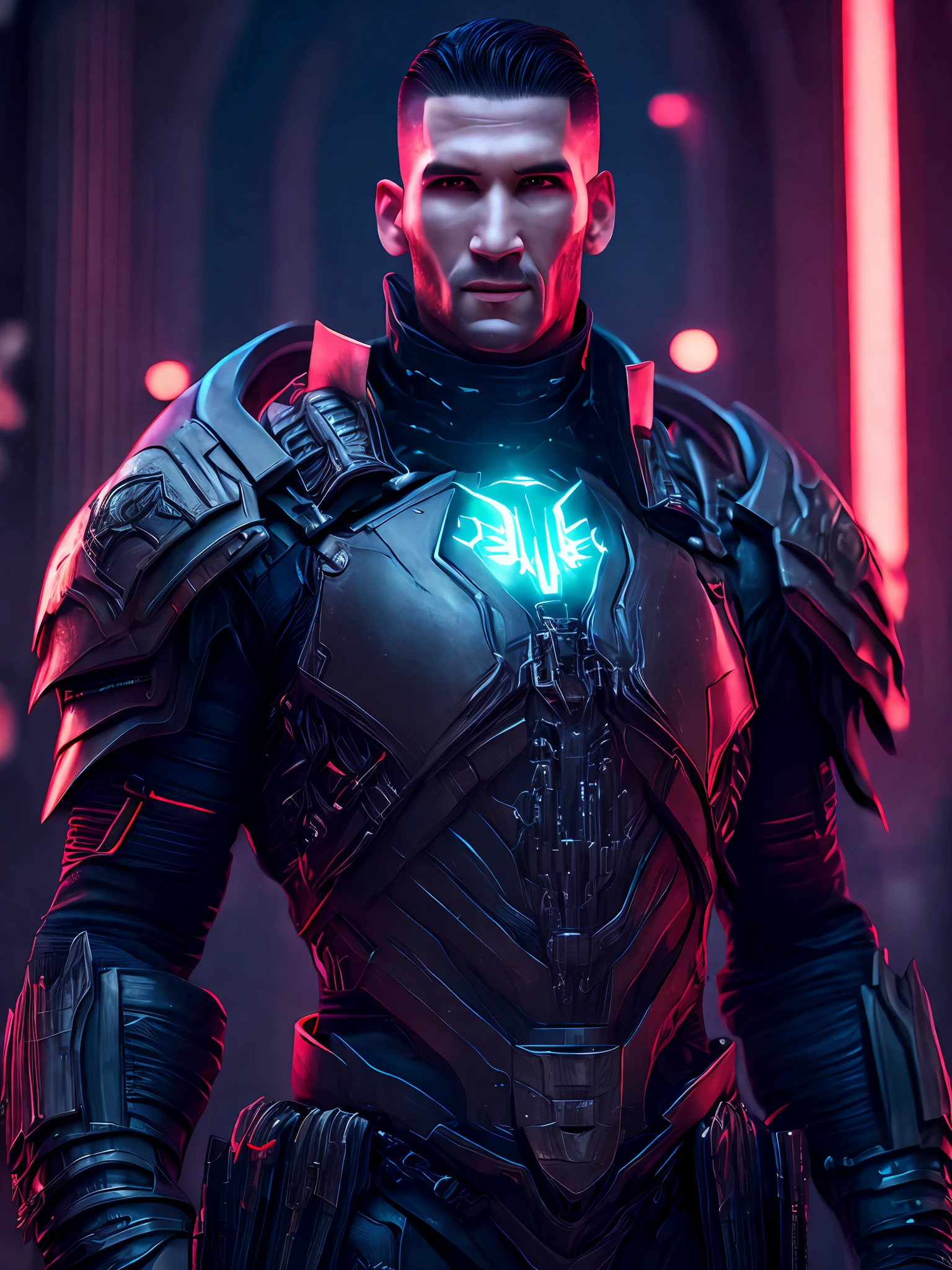 Portrait, Punisher Horseman of the Apocalypse from Marvel, biomechanical, complex robot, full growth, hyperrealistic, insane small details, extremely clean lines, cyberpunk aesthetic, masterpiece featured at Zbrush Central, gothic brutalist cathedral, cyberpunk, award-winning photo, bokeh, neon lights, cybernetic limb