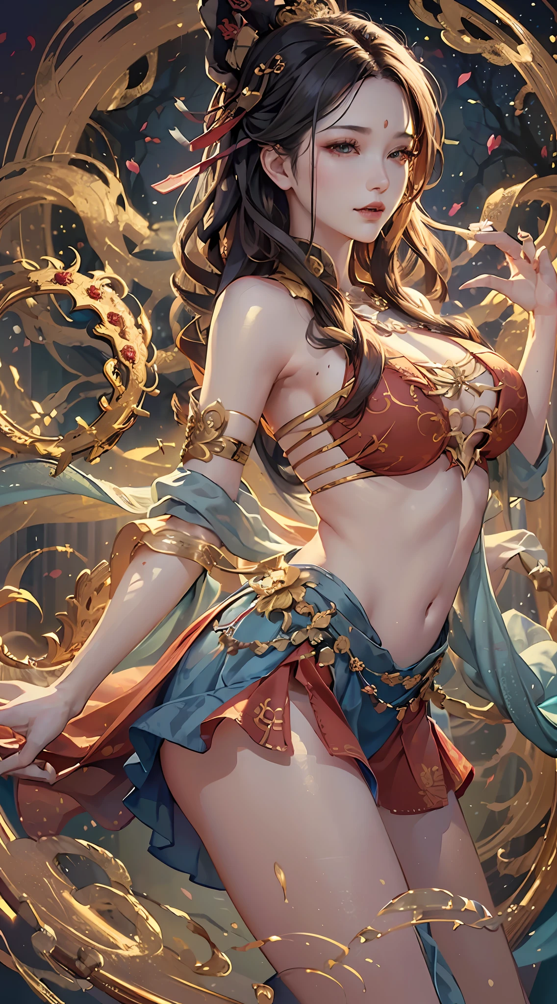 (RAW photos, best quality), (realistic, Photo Realism: 1.3), Extremely Refined and Beautiful, Amazing, Fine Detail, Masterpiece, Ultra Detail, High Resolution, (Best Illustration), (Best Shadow), Intricate, (in a crimson gold Chinese dragon, surrounded by gold dust, black flowers, trees, petals, wind, God, long wavy body, fangs, fantasy, mythology, high quality, highly detailed, masterpiece, epic, particle effects, dynamic effects, (Dragon: 1.4 in front of), clouds, storms, mountains, sunsets, clear focus, volumetric fog, 8k Ultra HD, DSLR, High quality, (Film grain: 1.4), Fujifilm XT3,Official Art, Unity 8K wallpaper, Ultra detailed, Beautiful and beautiful, Best quality, (Zen entanglement, tangled, entangled), (fractal art: 1.4), 1 girl, brunette hair, Chinese, bare shoulders, short skirt, calf, navel, very detailed, dynamic angle, denim lens, (most beautiful chaotic shape), flow, (bright colors), OC, (half: 1.2), china, (tape: 1.3), (Dream: 1.5), (Hanfu: 1.5), Chinese Dragon, (Smile: 0.5), (Chinese God), Realistic, Ultra High Resolution, Complex, Ultra Detailed, (Skin Dents), Female, Detailed Body, (Detailed Face: 1.1), (Contoured Iris), (Watercolor Lenses), (Perfect Eyes), 4K, Gorgeous, (Masterpiece: 1.2), (Best Quality: 1.2), Wide Buttocks, Thick Thighs, (Big Tits: 1.2) and (Big Tits: 1.2), Debauchery, Seductive pose.