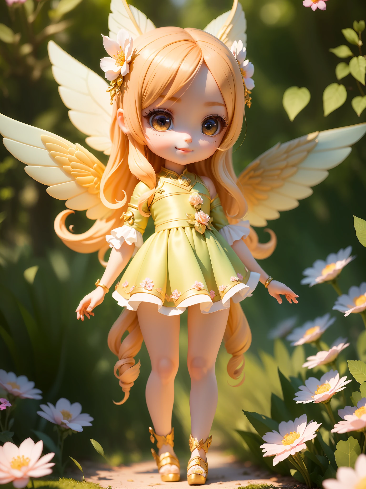 ((best quality)), ((masterpiece)), ( extreme detailed, highest detailed, official art, beautiful and aesthetic:1.2), depth, composition FULL BODY, CHIBI, Cute, (beautiful and detailed eye:1) , smilling, bokeh, bloom, blurred background , fairy, angel, (full body:1.5), photography, cinematic lighting, golden ratio