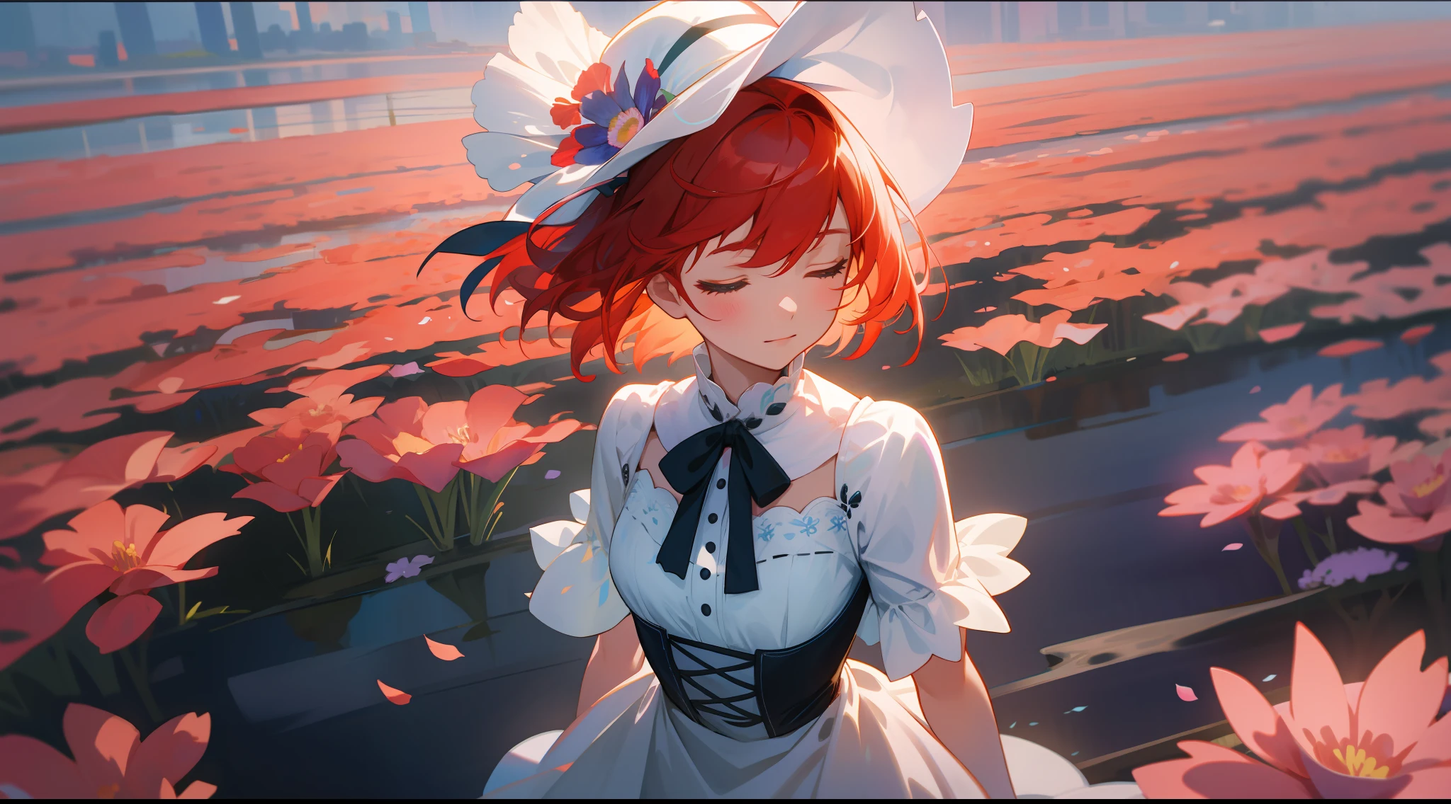 cowboy shot, upper body, far view, panorama, wide angle lens, depth of field, perspective, movie angle, arms behind back, masterpiece, best quality, super detailed, CG, 8K wallpaper, pretty face, delicate eyes, a girl, solo, smile, colorful, translucent hair, perfect look, red hair, closed eyes, wind, short hair, sea of flowers, hair between eyes, dress, expressionless, seen from above
