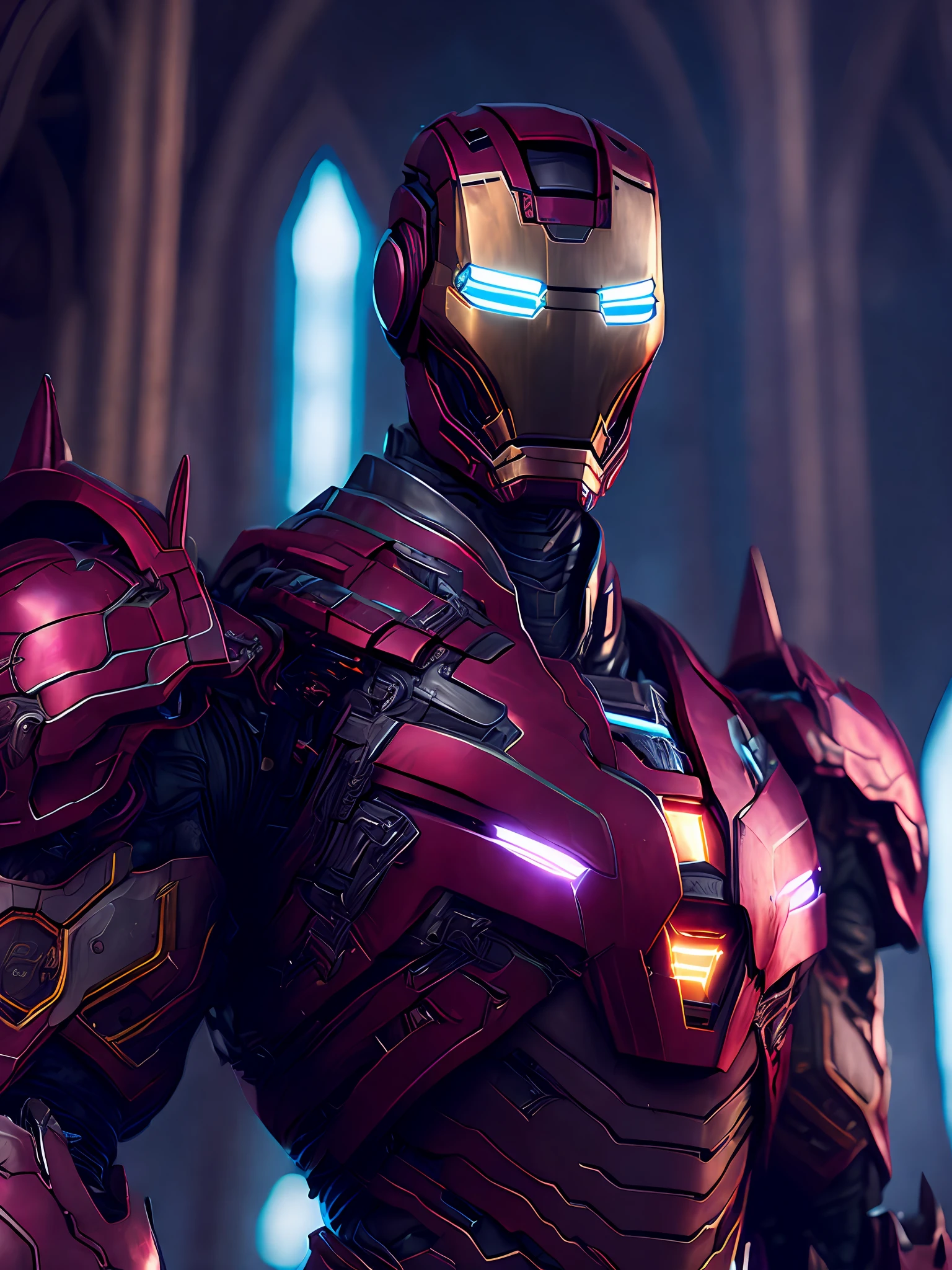 Portrait, Iron Man Horseman of the Apocalypse from Marvel, biomechanical, complex robot, full growth, hyperrealistic, insane small details, extremely clean lines, cyberpunk aesthetic, masterpiece presented at Zbrush Central, gothic brutalist cathedral, cyberpunk, award-winning photo, bokeh, neon lights, cybernetic limb