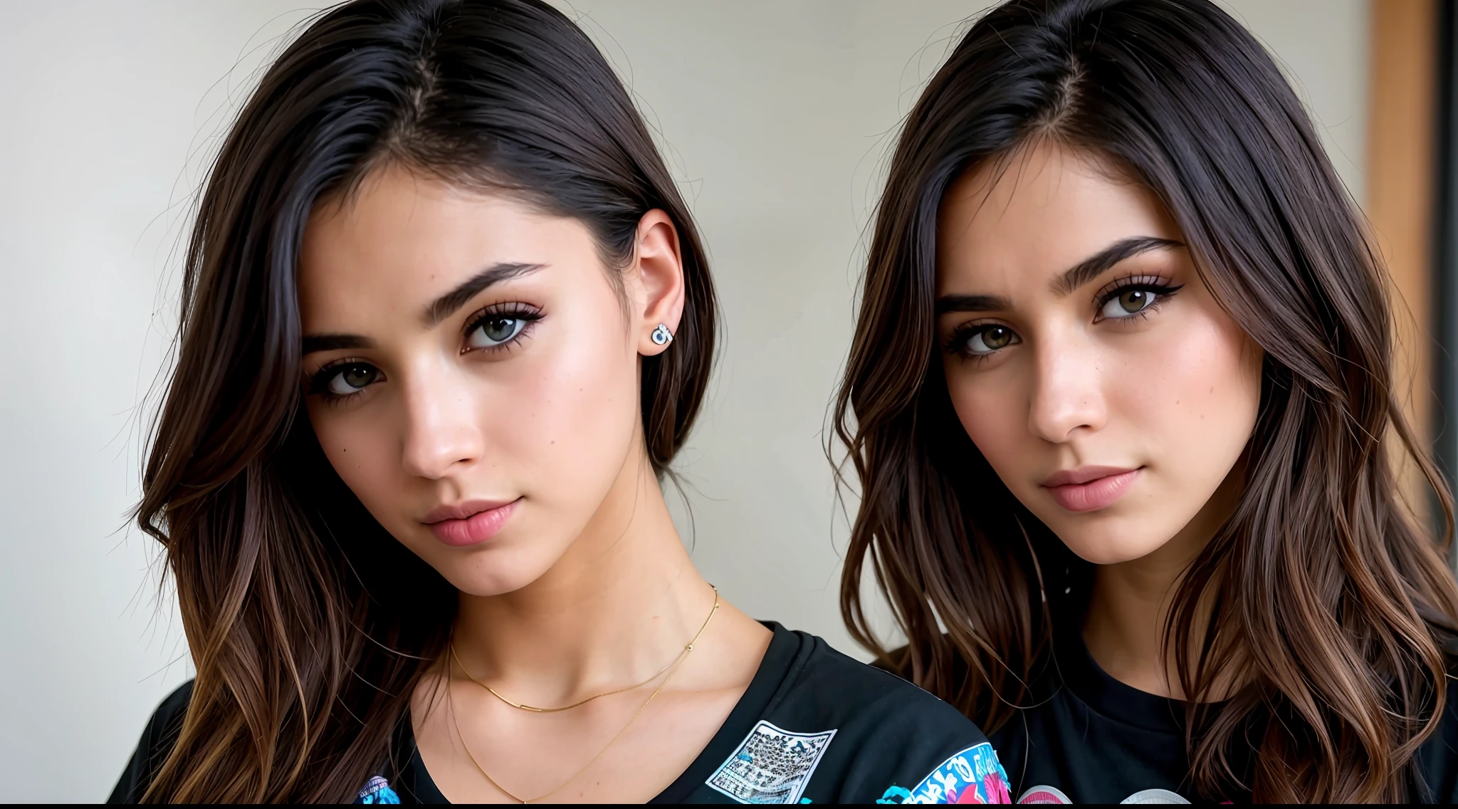 photo of (emikin:0.99), a woman as a sexy TikTok influencer, modelshoot style, (extremely detailed CG 8k wallpaper unit), photo of the world's most beautiful art, majestic professional (Steve McCurry photography), 8k uhd, dslr, soft lighting, high quality, film grain, Fujifilm XT3 sharp focus, f 5.6, high detail, sharp focus,  dramatic, (wearing a punk t-shirt), (looking at the viewer:1.2), (detailed students:1.3), (natural light), (close-up:1.2), (seductive)